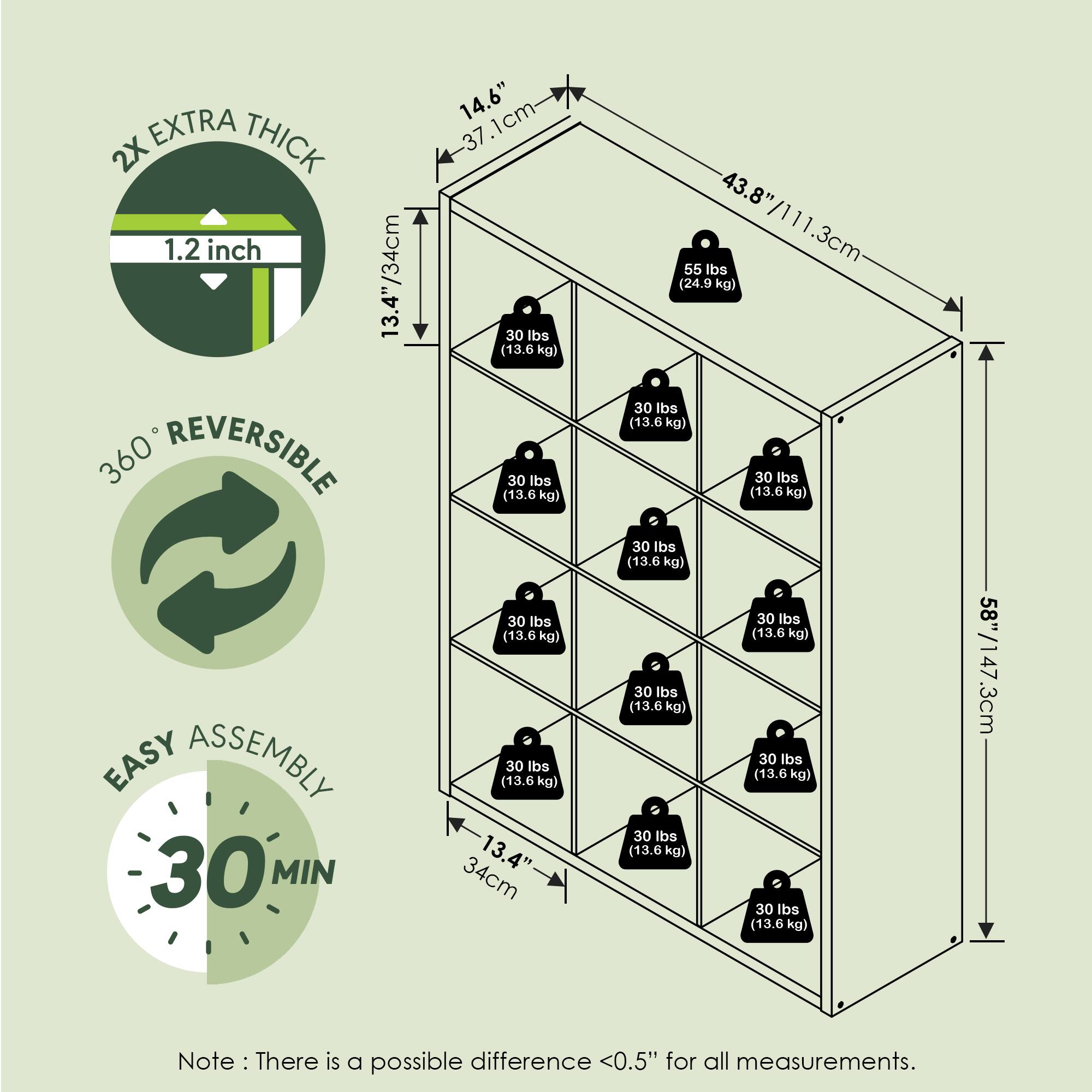 - 2X EXTRA THICK 1.2 inch
- 13.4"/34cm
- 360° REVERSIBLE
- EASY ASSEMBLY 30 MIN
- 14.6"/37.1cm
- 43.8"/111.3cm
- 58"/147.3cm
- 30 lbs (13.6 kg) (repeated multiple times)
- 55 lbs (24.9 kg)
- Note: There is a possible difference <0.5" for all measurements.