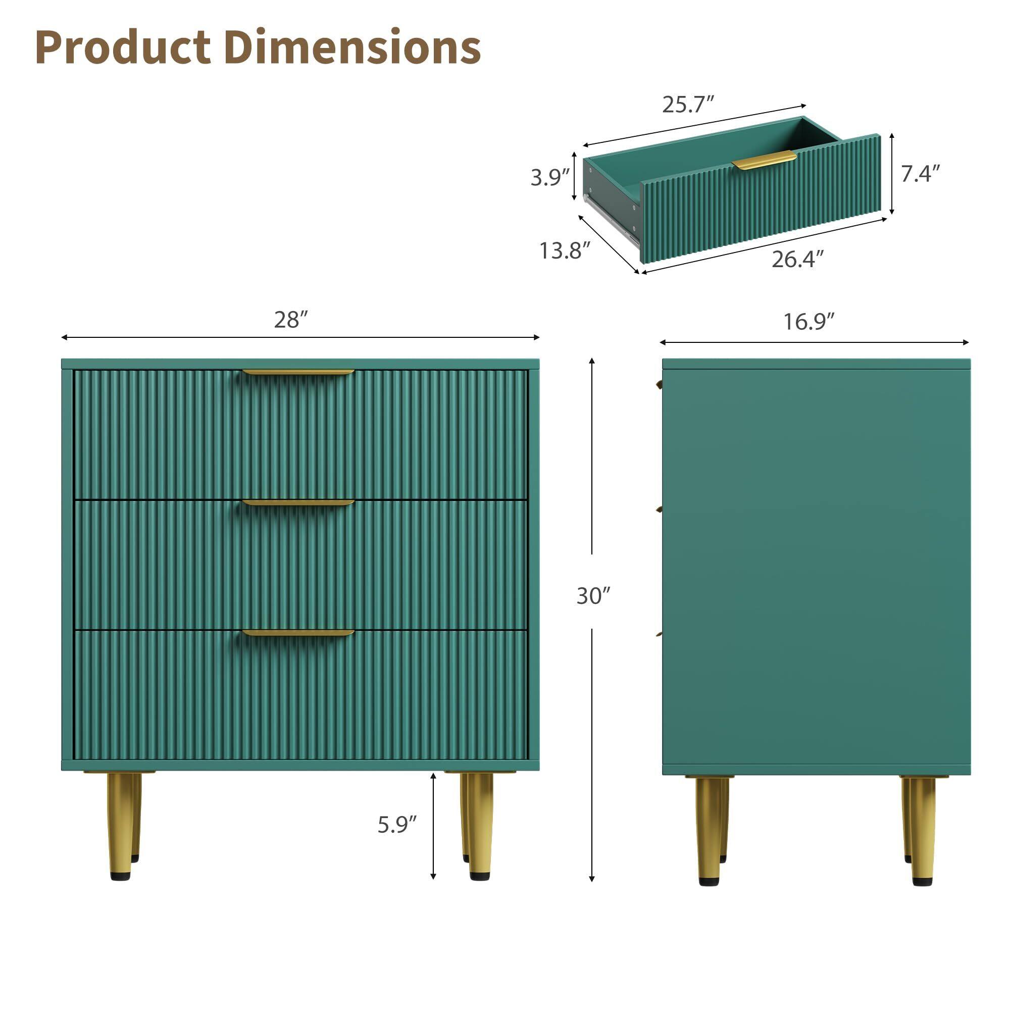 Alt View 2. Acekool - Fluted Dresser for Bedroom with 3 Drawers, Wooden Chest of Drawers with Metal Handle & Feet - Green.