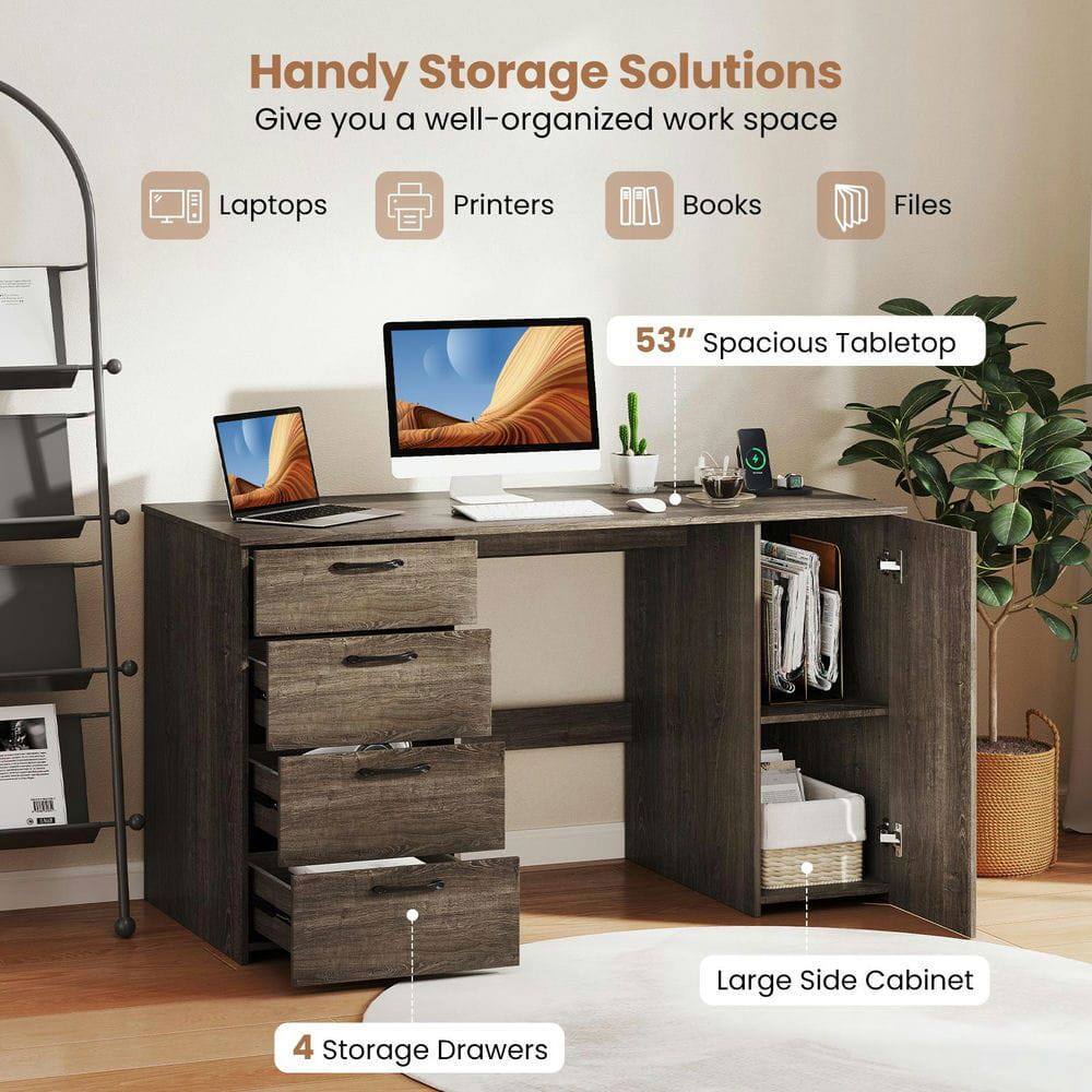 Handy Storage Solutions  
Give you a well-organized work space  

Laptops  
Printers  
Books  
Files  

53" Spacious Tabletop  

4 Storage Drawers  

Large Side Cabinet