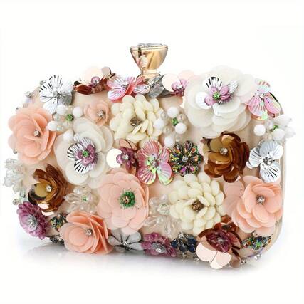 Front. Auledio - 3D Beaded Elegant Evening Bag, Flower Box Clutch Purse for Women's Wedding Party Prom - Champagne.