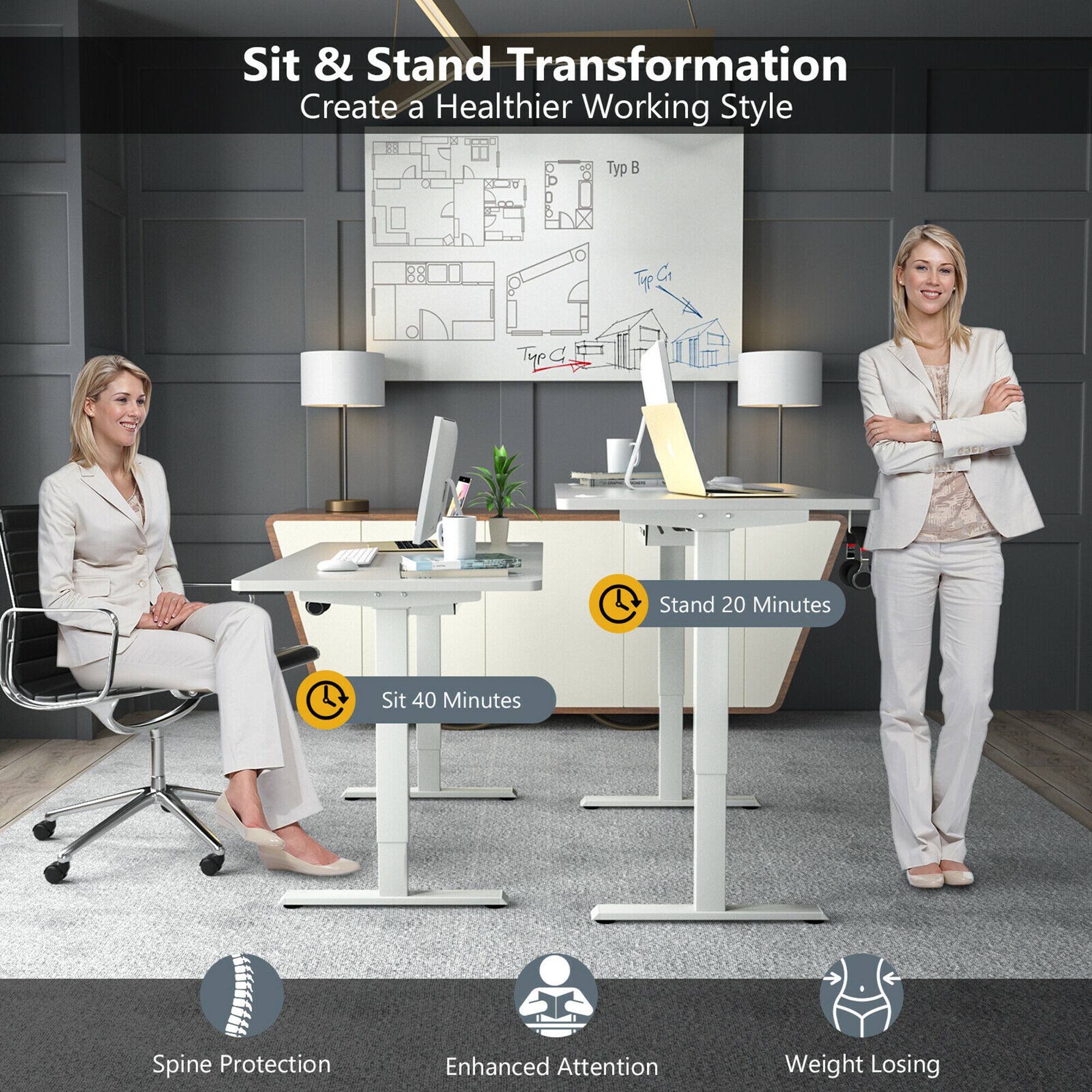 Sure, here is the corrected and grouped text from the image:

---

**Sit & Stand Transformation**  
Create a Healthier Working Style

- **Sit 40 Minutes**
- **Stand 20 Minutes**

**Benefits:**
- Spine Protection
- Enhanced Attention
- Weight Losing

---

**Diagram Labels:**
- Typ A
- Typ B
- Typ C

---
