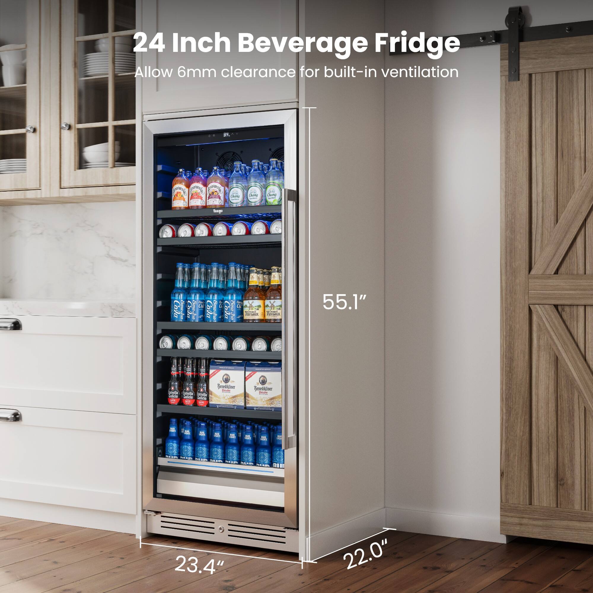 24 Inch Beverage Fridge  
Allow 6mm clearance for built-in ventilation  

55.1"  
23.4"  
22.0"