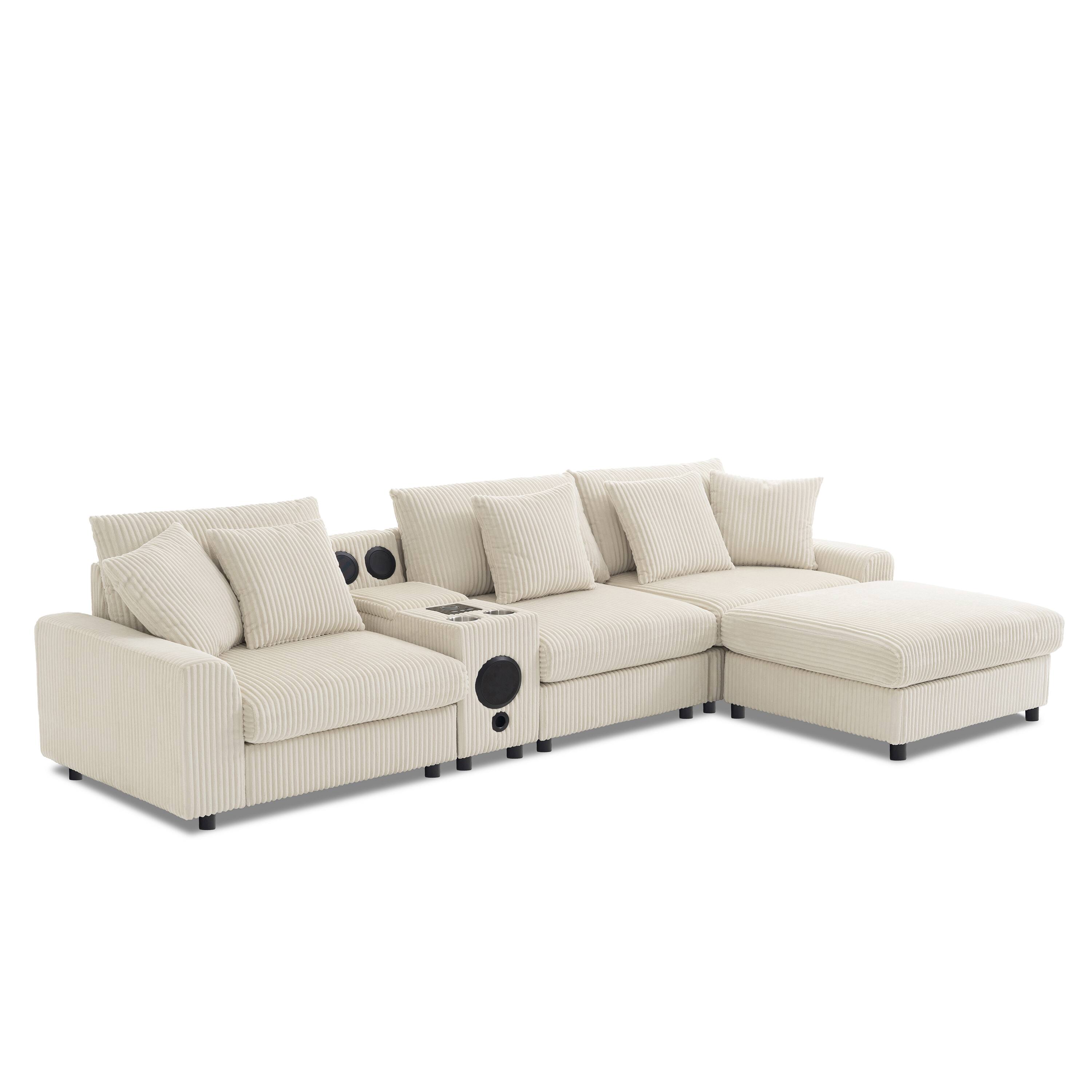 Angle. Whisen - Corduroy L-Shaped Sectional Sofa with Bluetooth Speakers, Storage & Ottoman for Living Room - Cream.