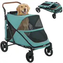 Pawhut - Stroller for Large Dogs Up to 66 LBS with All-Terrain Spring Suspension - Teal