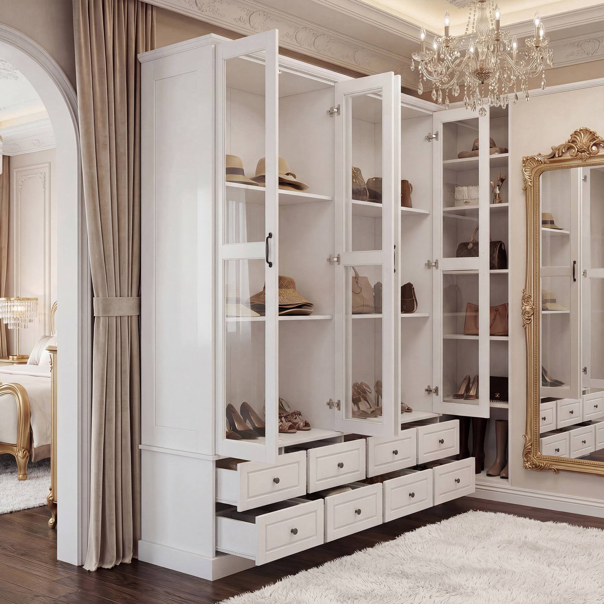 Alt View 1. Famapy - French Style Glass Display Cabinet with Storage Drawers and Anti-Tip Design.