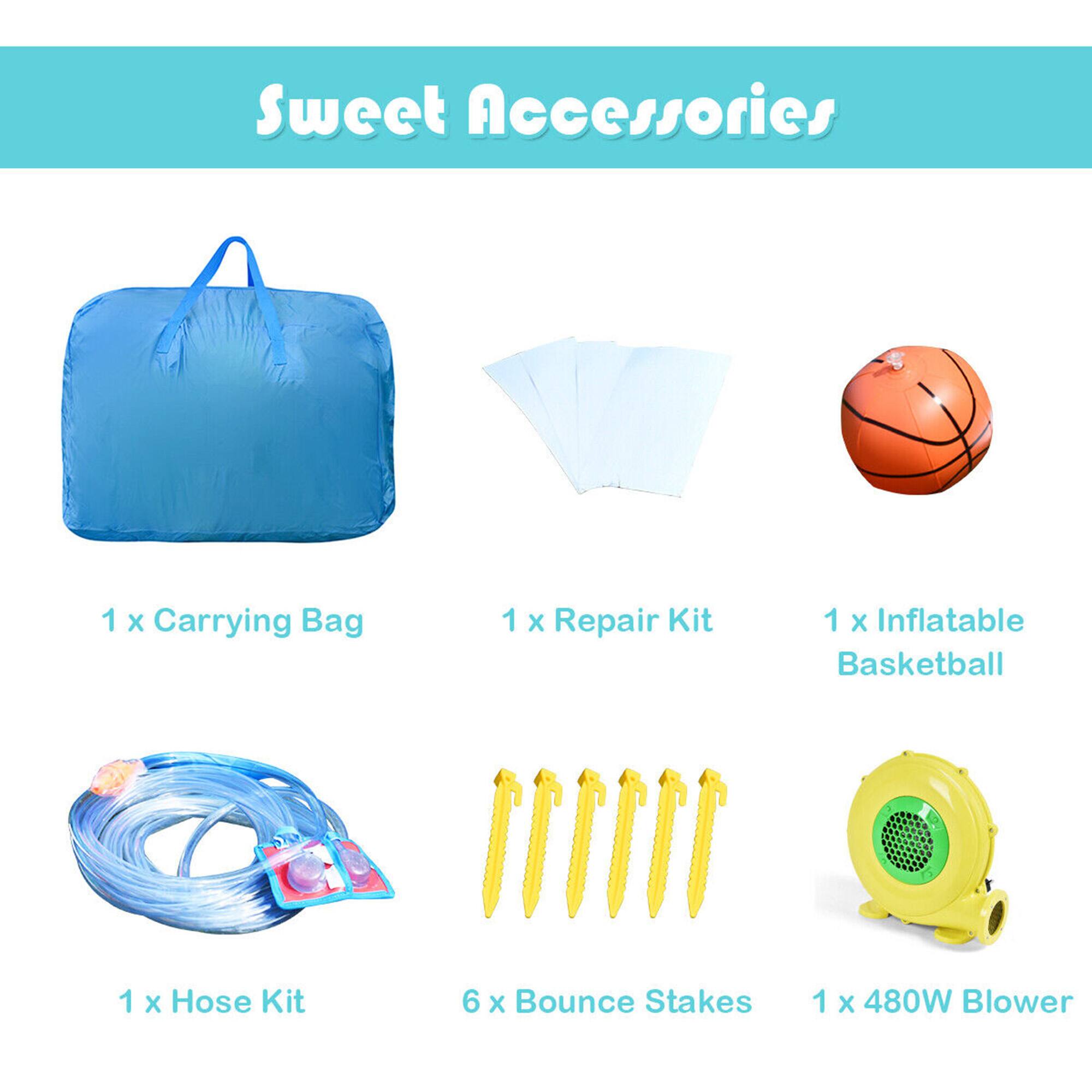 Sweet Accessories

1 x Carrying Bag  
1 x Repair Kit  
1 x Inflatable Basketball  
1 x Hose Kit  
6 x Bounce Stakes  
1 x 480W Blower
