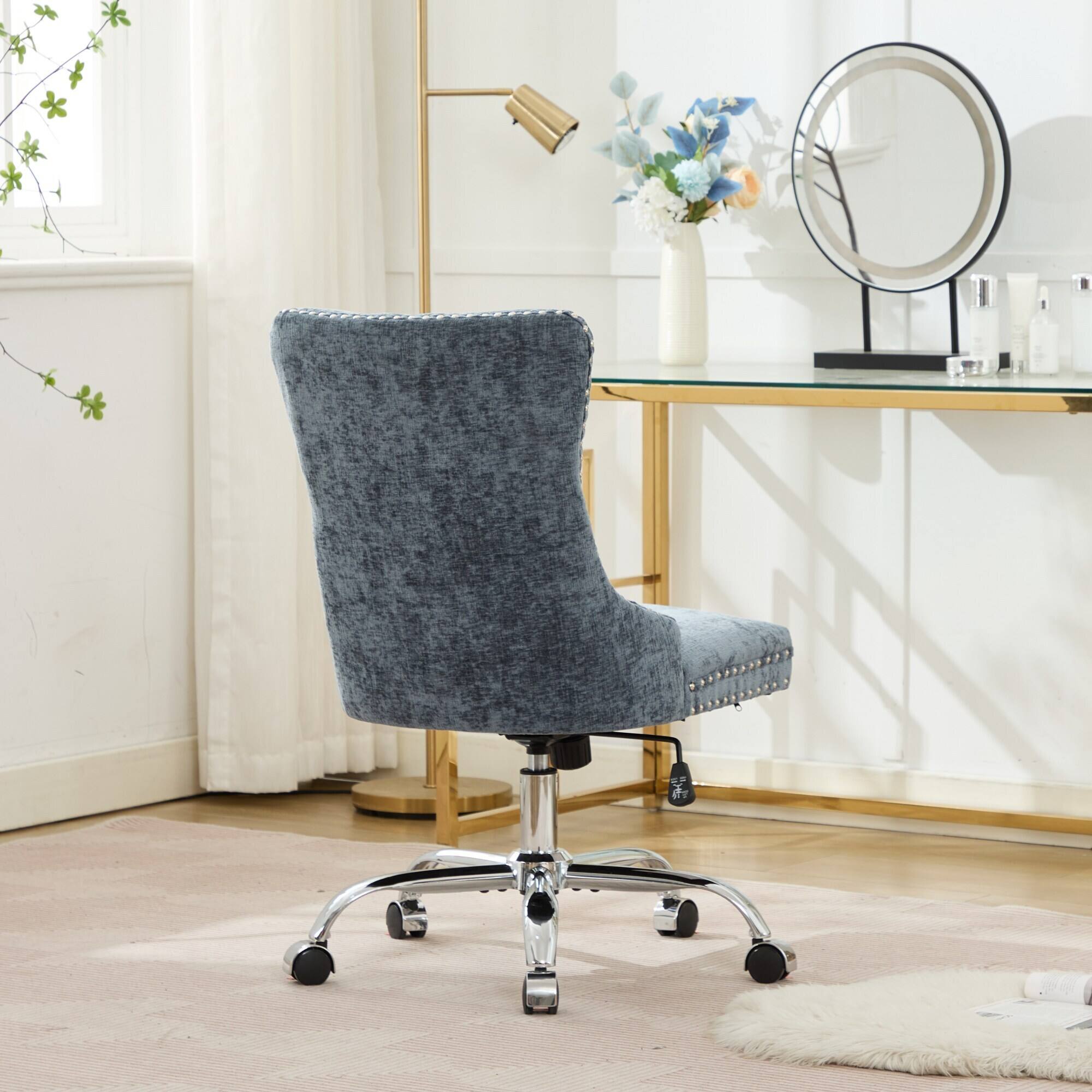 Alt View 1. Trinkets Crazed - Home Office Chair with Wheels & Silver Base,Chenille Fabric Makeup Vanity Chair with Tufted Back, Swivel Desk Chair - Light Blue.