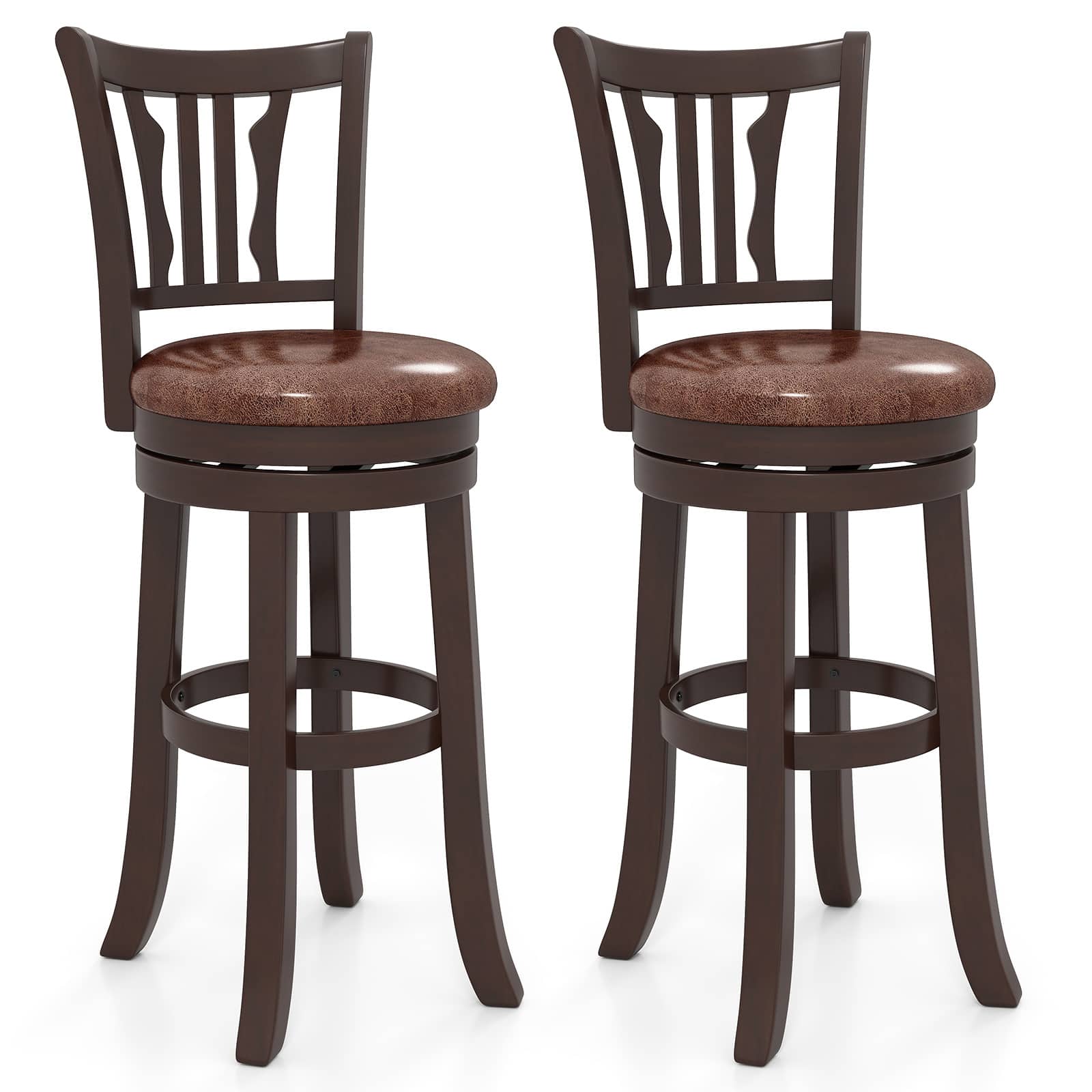 Gymax - 30'' Bar Height Swivel Bar Stools Set of 2 w/Back & Faux Leather Seat - Brown