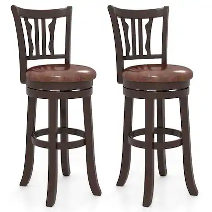 Front. Gymax - Gymax 30'' Bar Height Swivel Bar Stools Set of 2 w/Back & Faux Leather Seat - Brown.