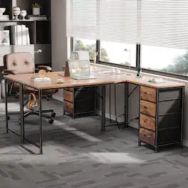 Furnulem - L Shaped Computer Desk with Power Outlet and 4 Fabric Drawers Reversible Gaming Desk with Headphone Hook for Home Office - Brown