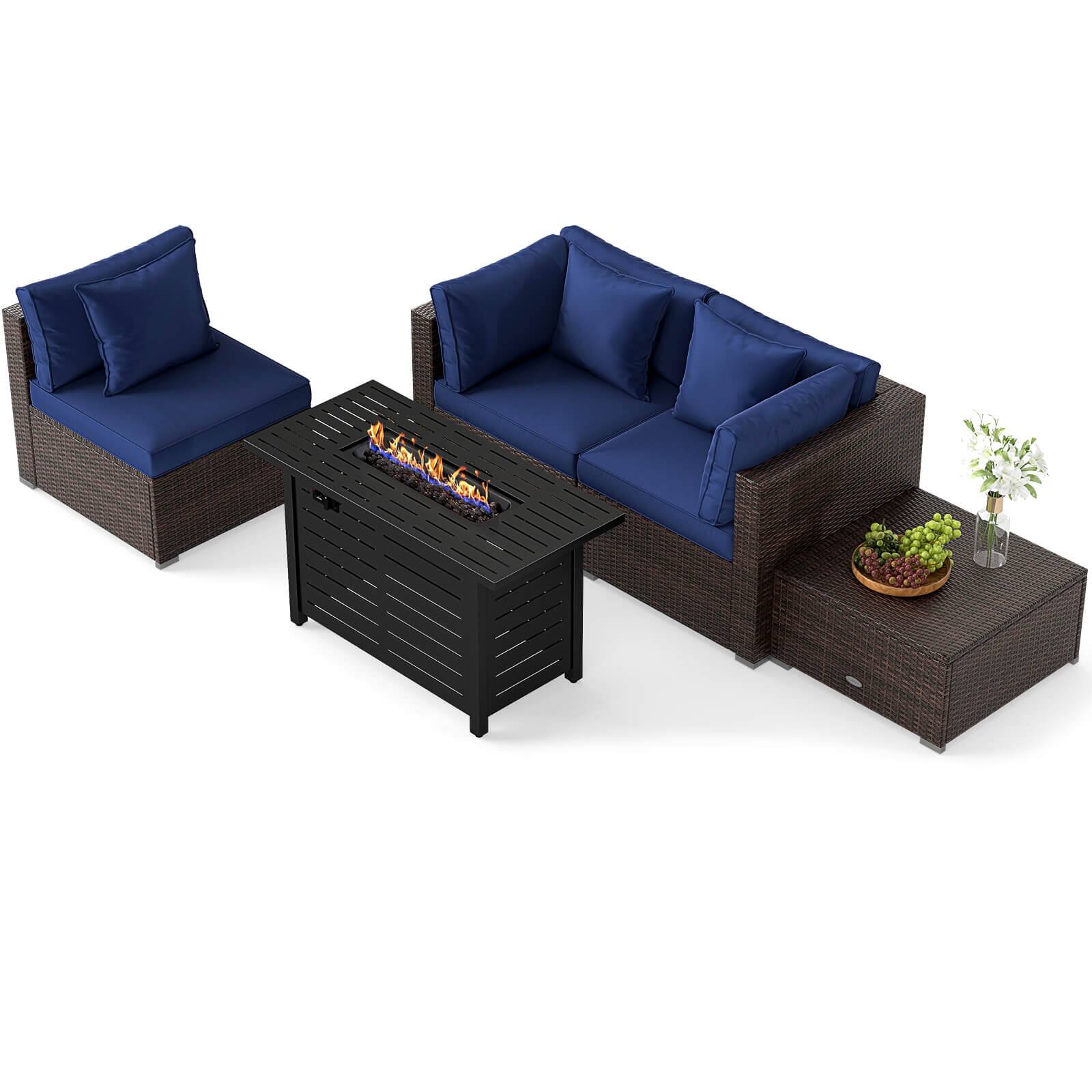 Front. Costway - Costway 5 PCS Patio Furniture Set Heavy-duty Frame Rattan Sofa Set with 60,000 BTU Firepit Table - Navy.