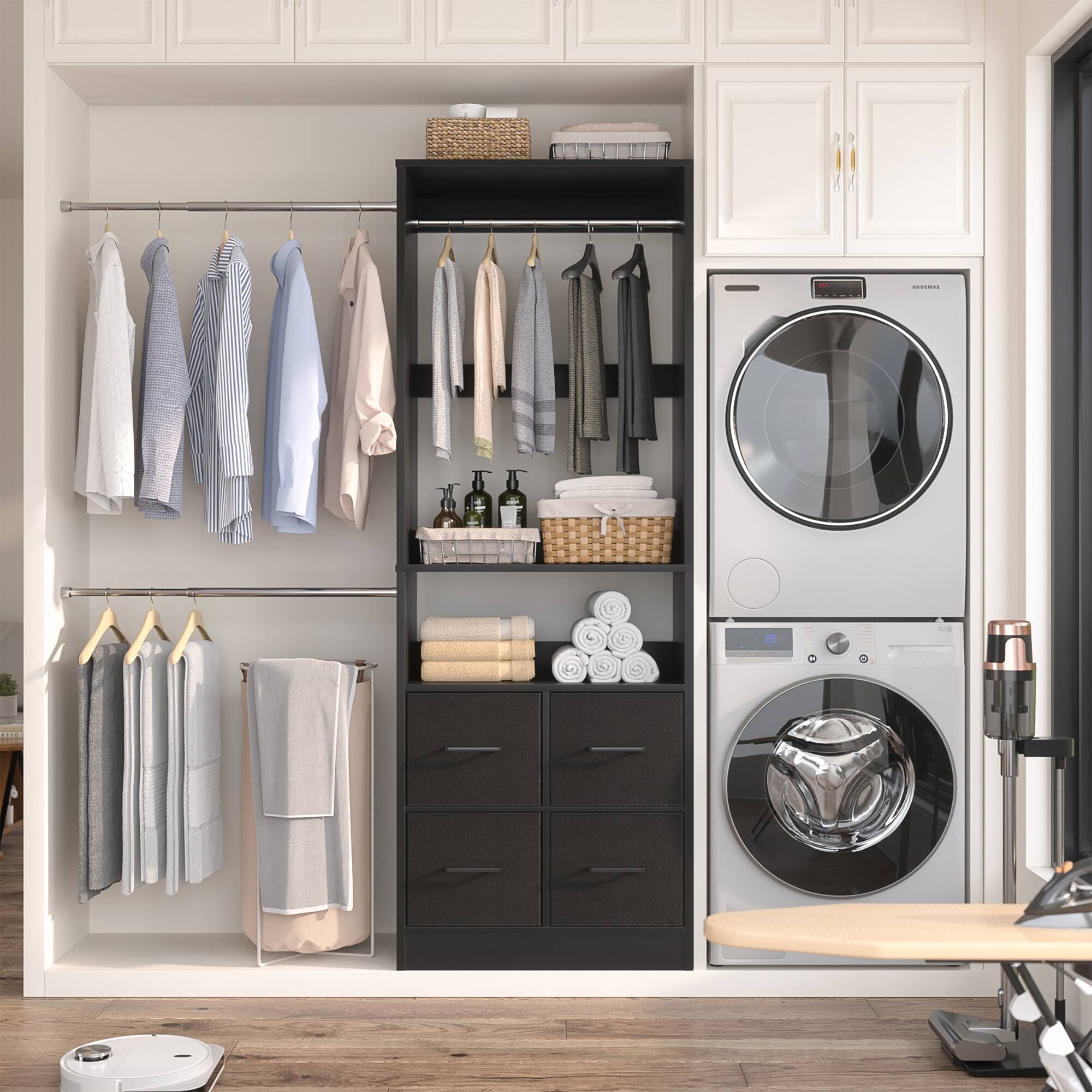 Alt View 4. Aheaplus - 25'' - 104'' Adjustable Closet Organizer System, Walk-in Hanging Closet with 4 Fabric Drawers and 3 Hanging Rods - Black.