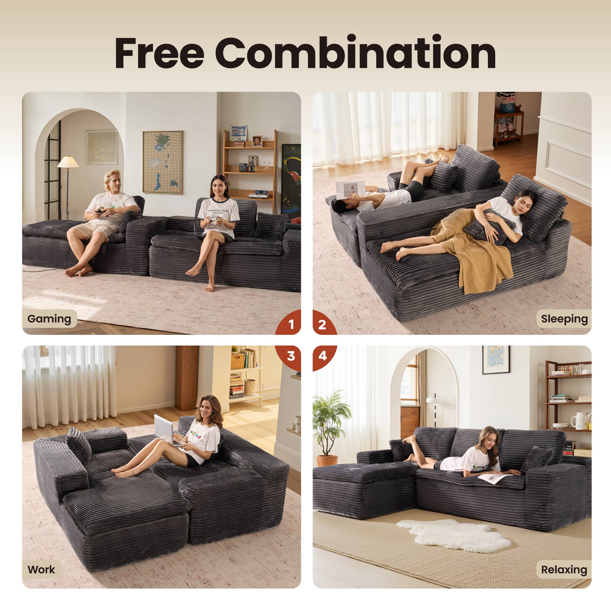 Free Combination

1. Gaming
2. Sleeping
3. Work
4. Relaxing