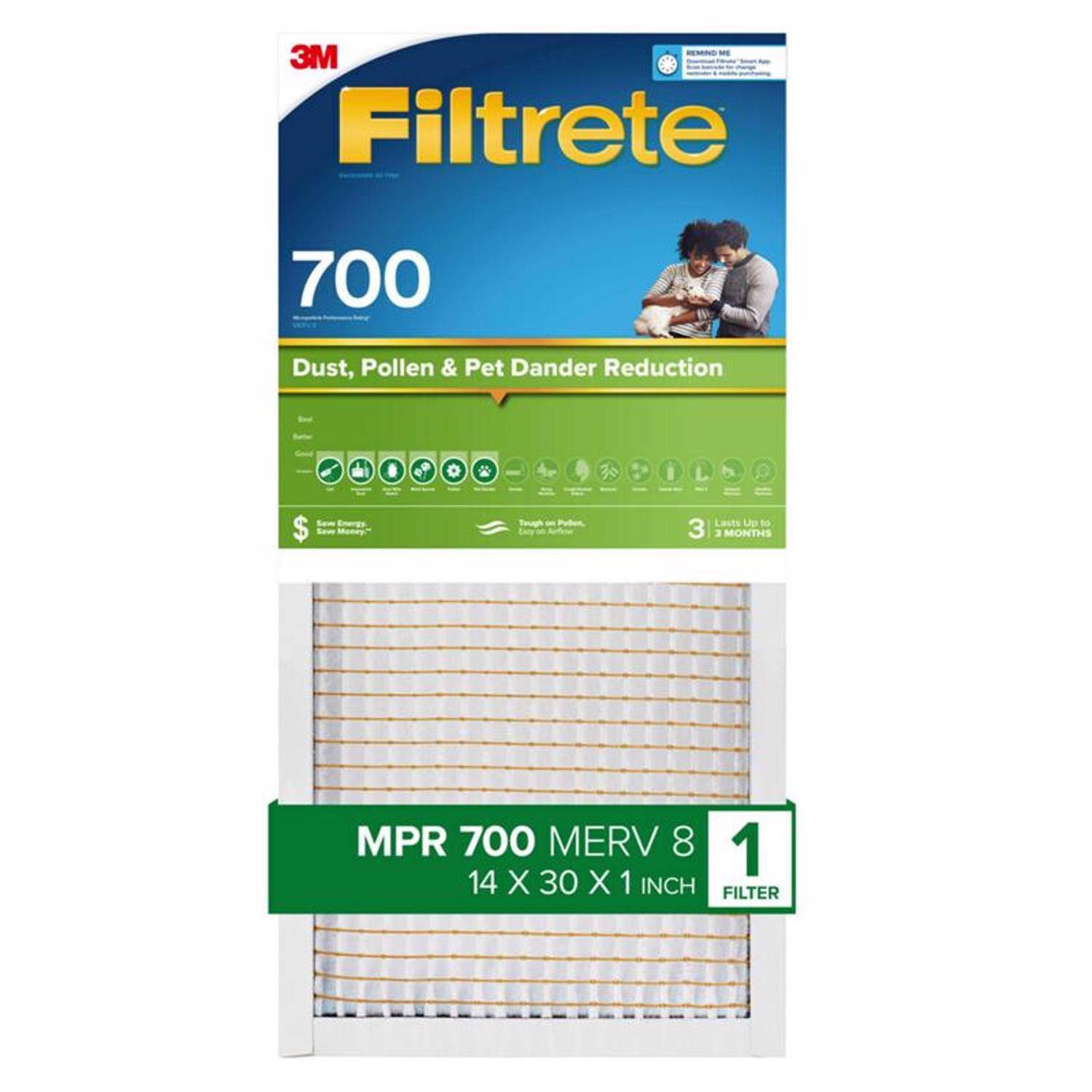 3M Filtrete 700 Dust, Pollen & Pet Dander Reduction I L $ Mands Teugt - -t A Lasts Up to 3 MONTHS MPR 700 MERV 8 1 14 X 30 X 1 INCH FILTER