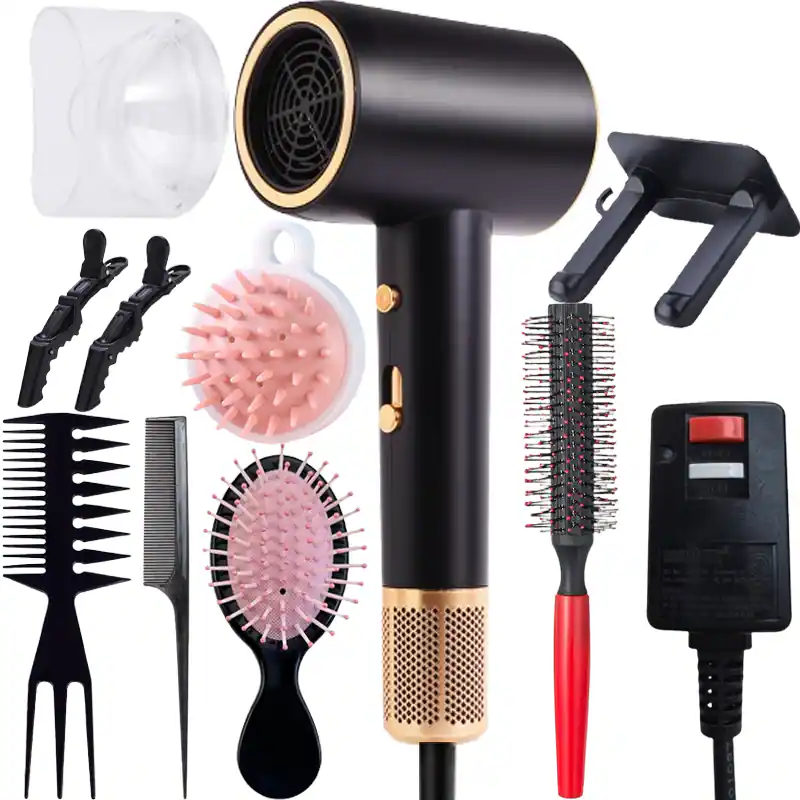 Front. Morfone - 10pcs hammer style hair dryer,adjustable hot and cold air. A hair set with comb hair clips and a fan-shaped nozzle..