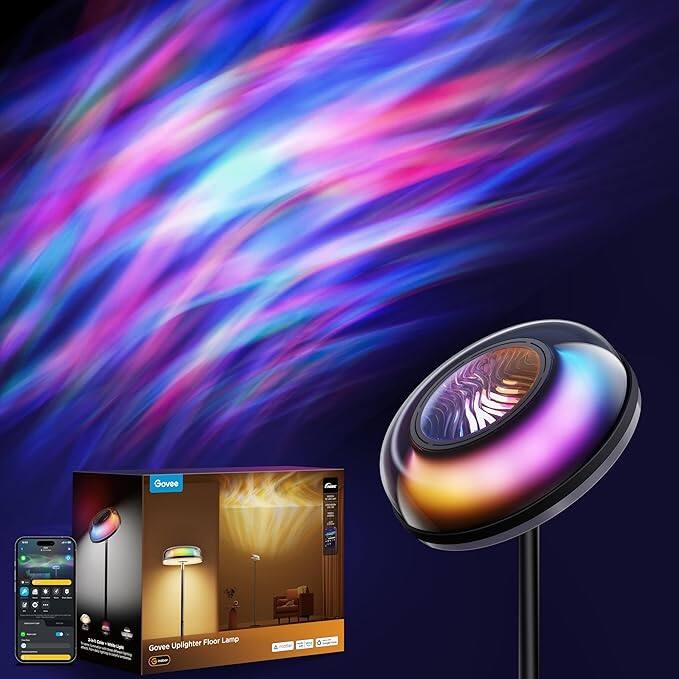 Govee - Uplighter Floor Lamp for Living Room, RGBIC Ripple Projector, Floor Lamp for Bedroom Works with Matter - Black
