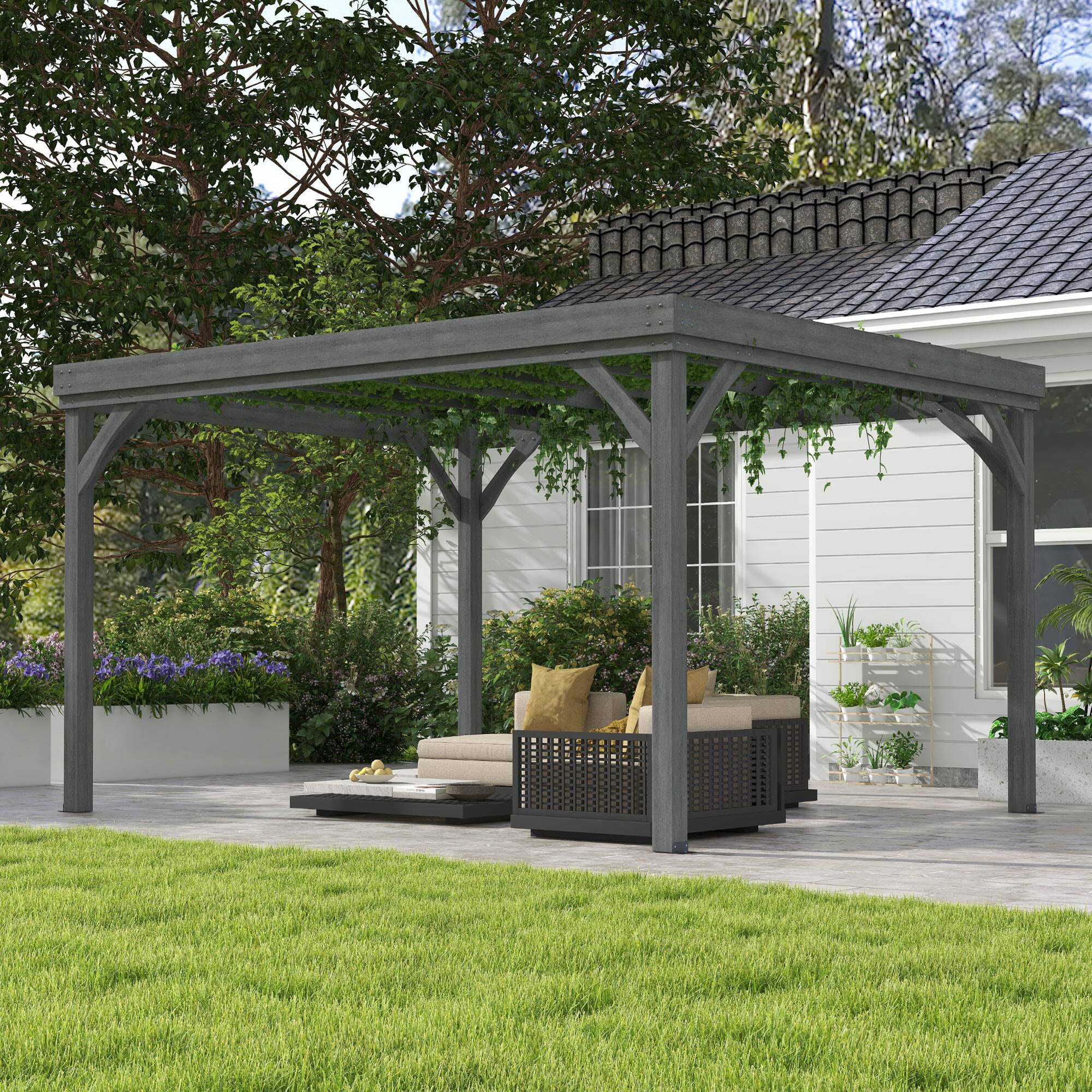 Angle. Outsunny - 10' x 12' Outdoor Pergola, Wood Gazebo Grape Trellis with Concrete Anchors for Climbing Plant Support - Gray.