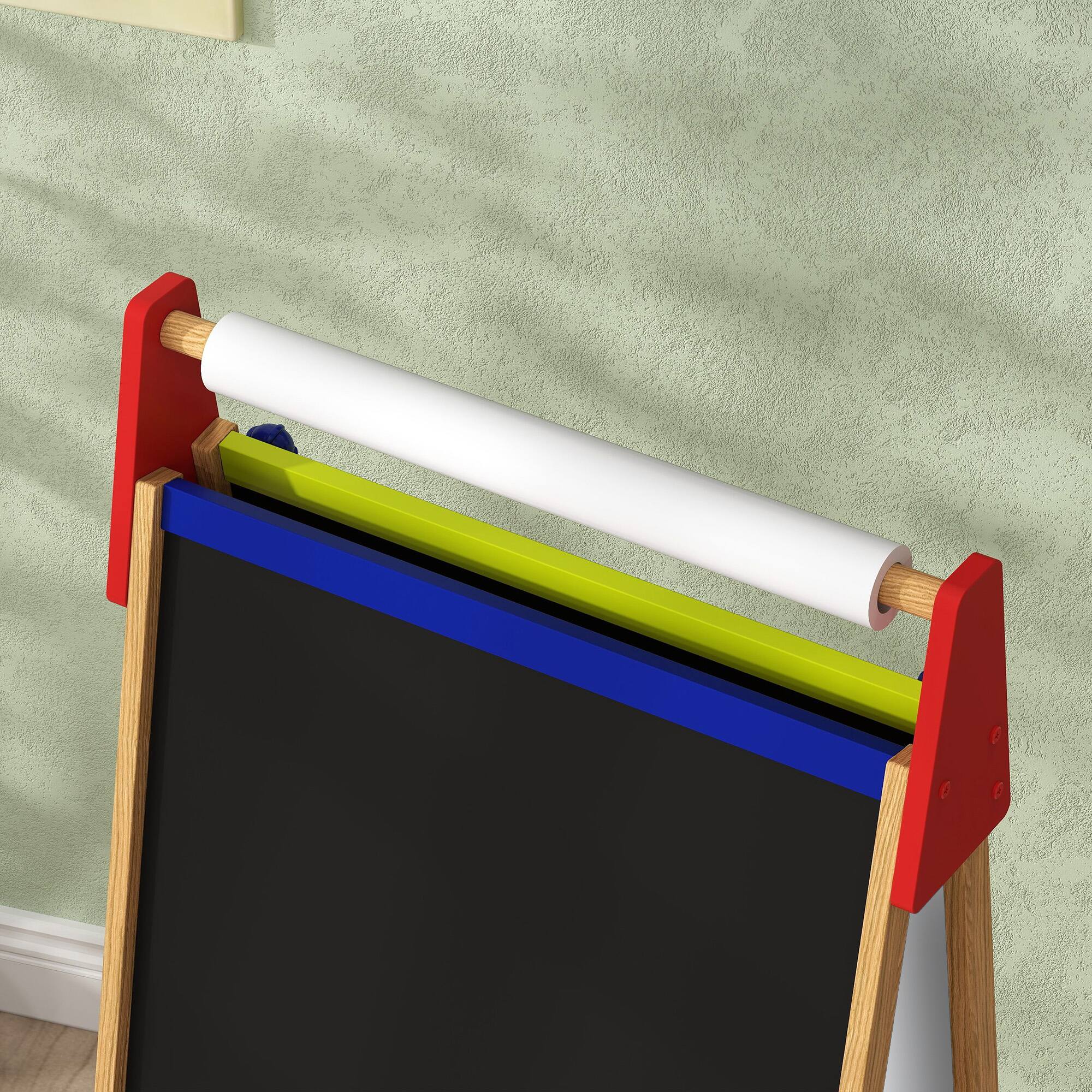 Alt View 4. Qaba - Qaba 3 in 1 Kids Wooden Art Easel with Paper Roll, Whiteboard, Chalkboard, Storage Tray, Painting Accessories.