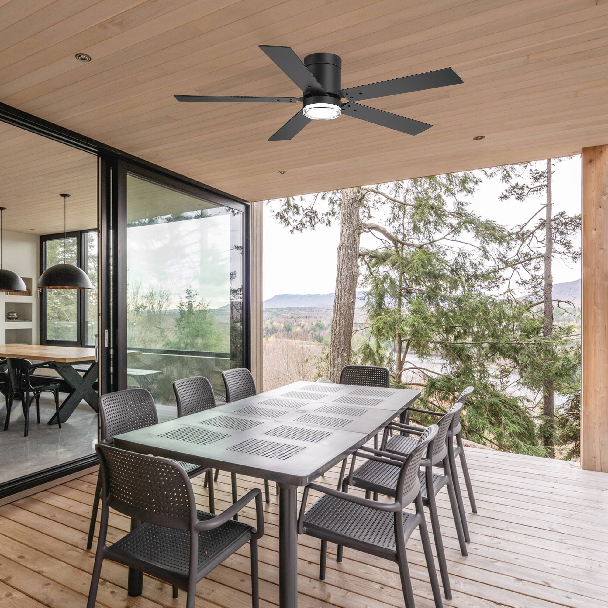 Alt View 2. Breezary - 52-Inch Modern Flush Mount Ceiling Fan with LED Light and Remote, Dual-layer acrylic shade, 5 Blades, DC Motor - black.