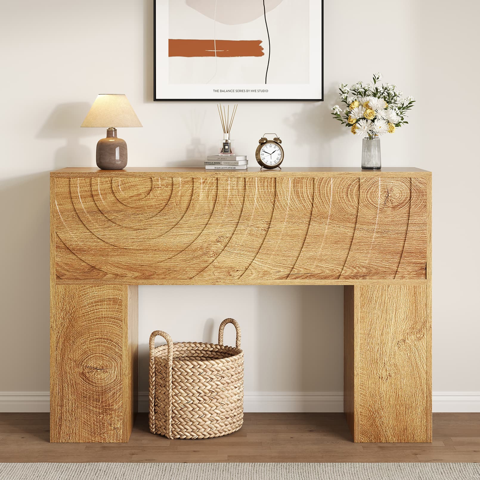 Anysun - 43" Farmhouse Console Table with Carved Design - Entryway or Sofa Table for Living Room, Hallway & Foyer - Oak