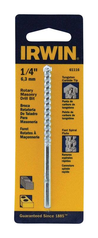 IRWIN  
61116  
1/4"  
6,3 mm  
Tungsten Carbide Tip  
Rotary Masonry Drill Bit  
Broca Rotatoria De Taladro Para Masoneria  
Punta de carburo de tungsteno  
Pointe de carbure de tungstène  
Foret Rotatives Maçonnerie  
Fast Spiral Flute  
Ranuras espirales rápidas  
Cannelure spirale rapide  
Guaranteed Since 1885™