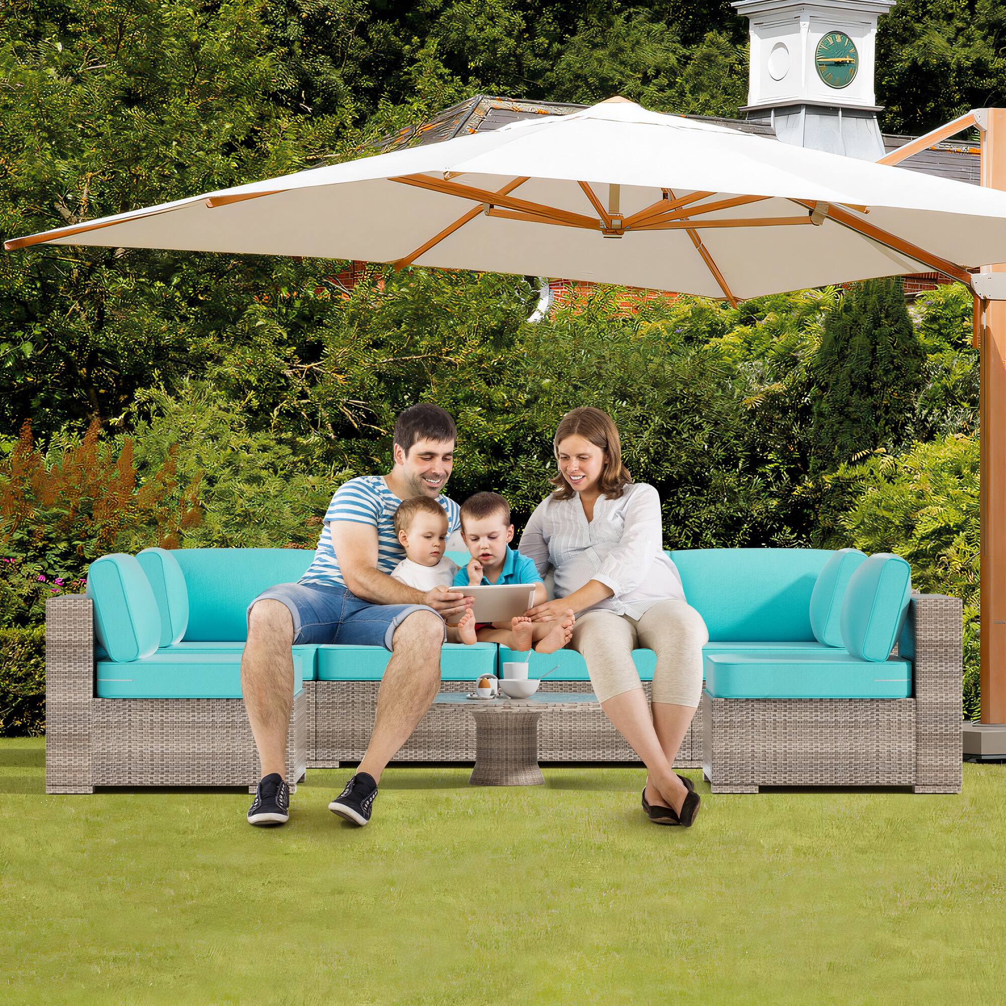 Back. RYHNUYNE - 14-Piece Outdoor Patio Sofa Cushions,Lake Blue Seat Cushion with Zipper, Water-Resistant Patio Furniture Cushion - Lake blue.