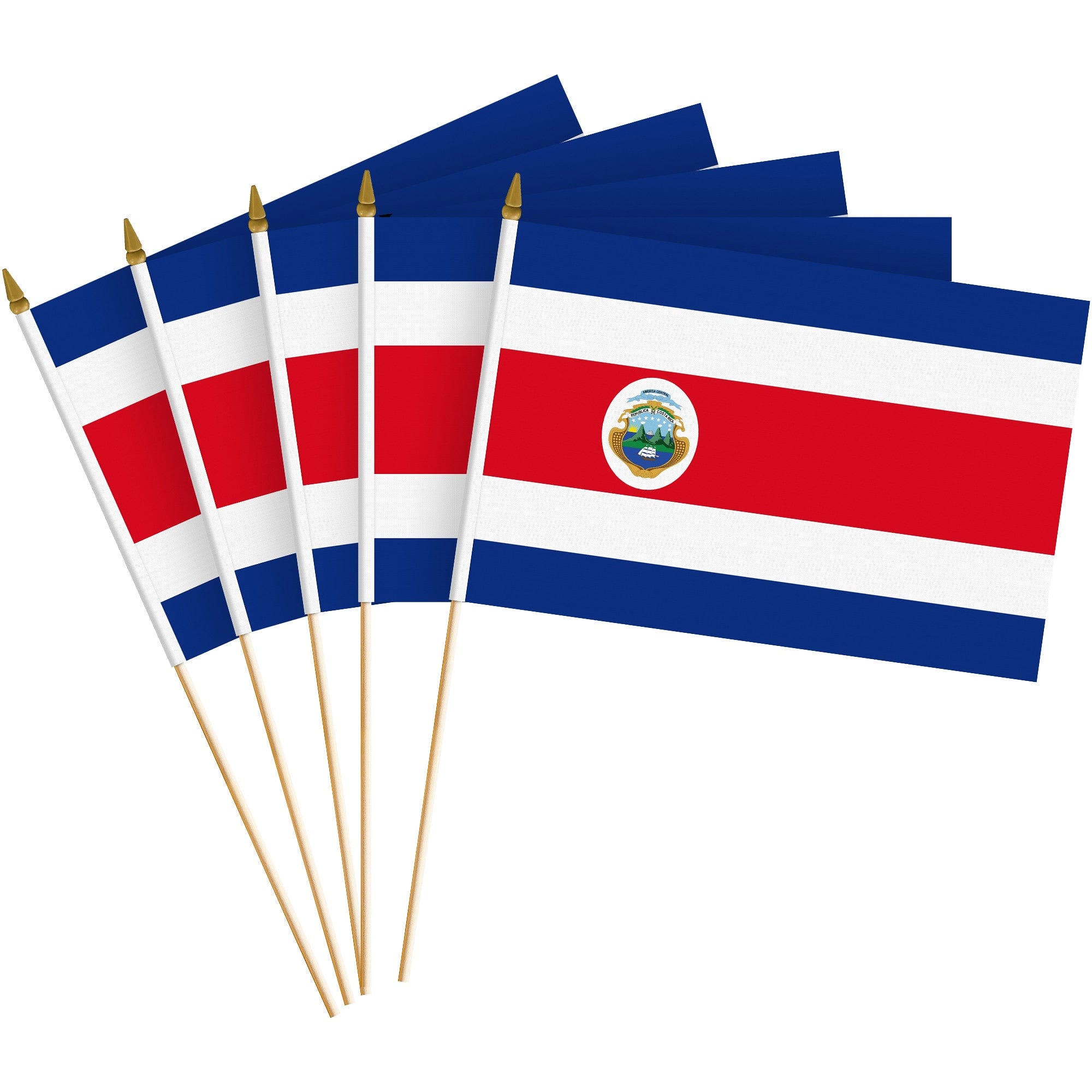 G128 - 30-Pack Handheld Costa Rica Stick Flags, 8 x 12 in, 150D Polyester with Wooden Stick and Gold Spear Tip - Assorted Colors