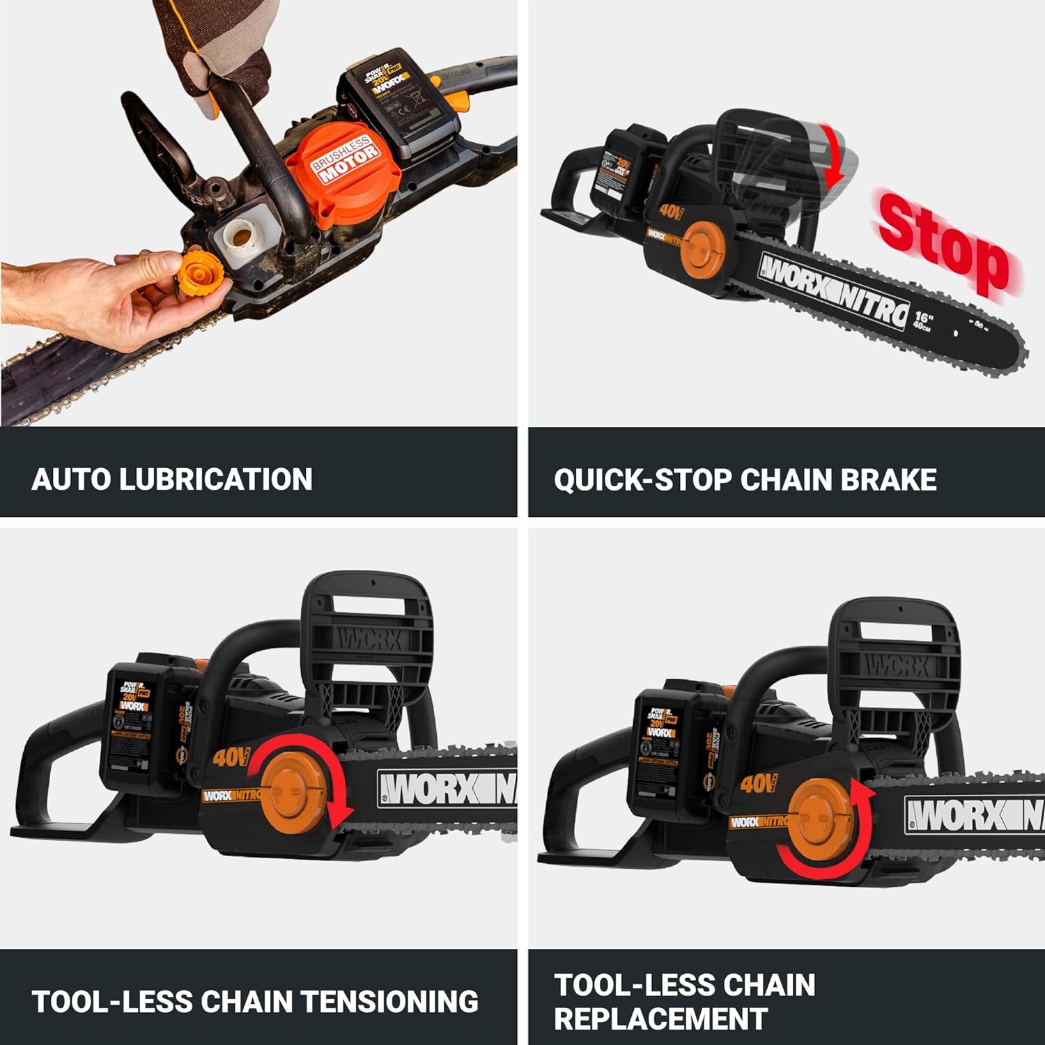 The text on the image can be grouped and corrected as follows:

1. Auto lubrication: This feature allows the chainsaw to lubricate itself automatically, ensuring smooth operation and reducing the need for manual lubrication.
2. Quick-stop chain brake: This feature allows the user to quickly stop the chainsaw's chain, providing added safety during use.
3. Tool-less chain tensioning: This feature allows the user to adjust the chain tension without the need for tools, making it easier to maintain the chainsaw.
4. Tool-less chain replacement: This feature allows the user to replace the chainsaw's chain without the need for tools, making it more convenient to maintain the chainsaw.
5. Stop: This feature allows the user to stop the chainsaw quickly and safely, ensuring that they can control the chainsaw's operation.