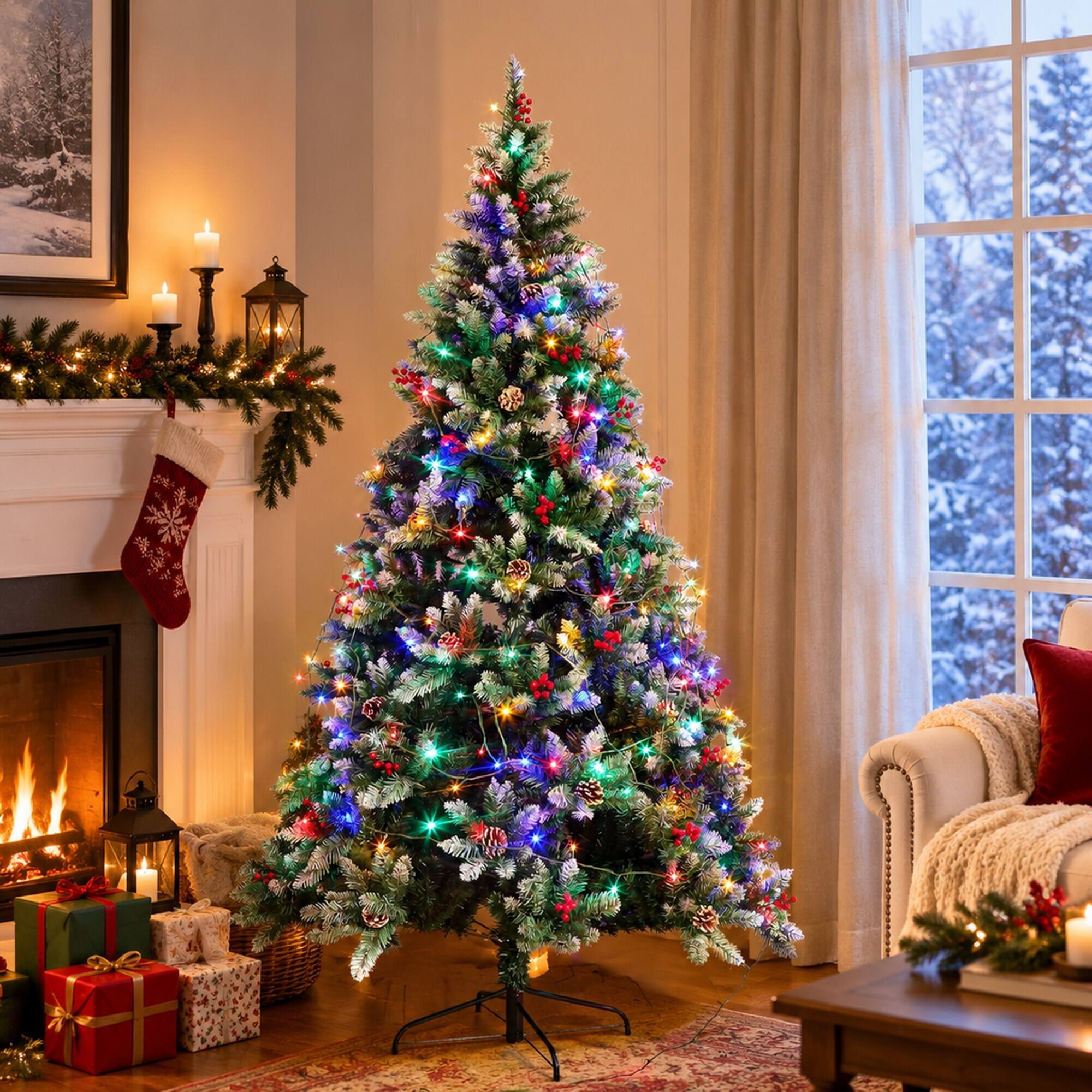 Left. RYHNUYNE - 7.5FT Pre-Lit Artificial Christmas Tree With 200 LED Lights and 1358 Tips, Green Metal Hinges and Foldable Base - Army Green.