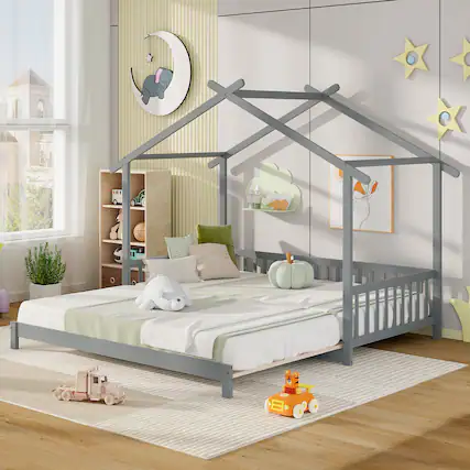 Front. Gymax - Gymax Wooden House Bed Twin to King Daybed w/ Safety Rails & Decorable Roof Gray - Gray.