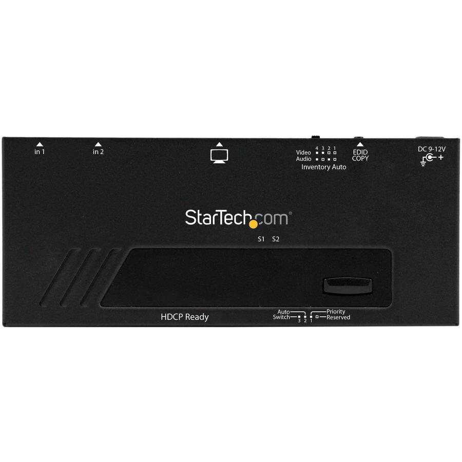 in1  
in2  
4321 Video .... EDID Audio 8010 COPY Inventory Auto  
DC 9-12V +  
StarTech.com S1 S2  
HDCP Ready  
Auto Priority Switch 0 Reserved 321 3