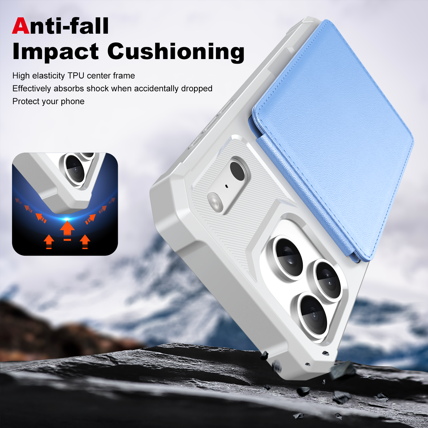 Anti-fall Impact Cushioning

High elasticity TPU center frame
Effectively absorbs shock when accidentally dropped
Protect your phone
