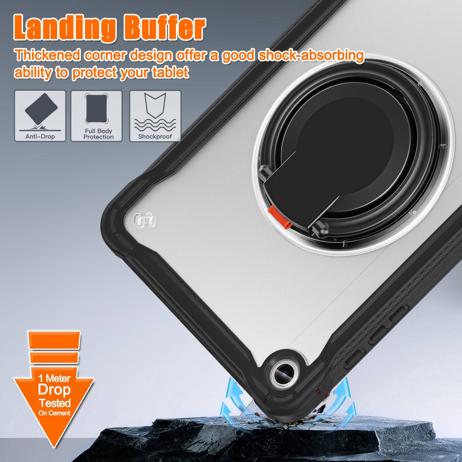 Landing Buffer  
Thickened corner design offers a good shock-absorbing ability to protect your tablet  
Anti-Drop Full Body Protection Shockproof  
1 Meter Drop Tested On Cement