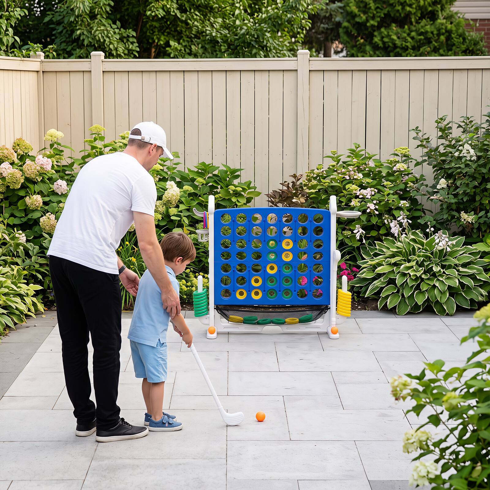 Alt View 3. Costway - Costway 4 in a Row Connect Game with Mesh Net, Carrying Bag, Height Adjustable, Ring Toss - Blue+Gray.
