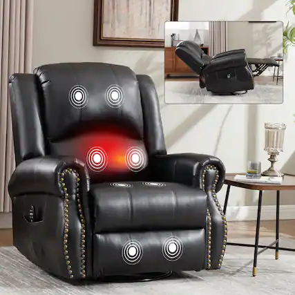 Front. Chery Life - Black Heat Massage Manual Recliner Chair with Rocker and Swivel in Fabric for Living Room - Black.