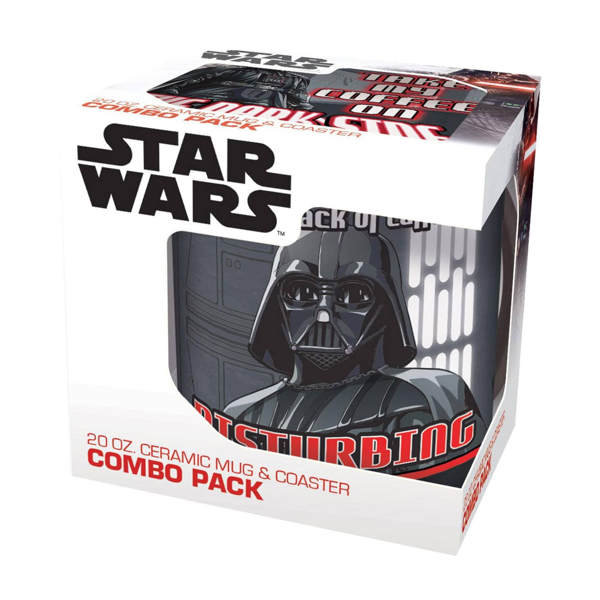 Sure, here is the corrected and grouped text from the image:

---

**Top Left:**
- STAR WARS
- 20 OZ. CERAMIC MUG & COASTER COMBO PACK

**Top Right:**
- BUY 2 GET 1 FREE
- COFFEE ON
- DISTURBING
- DARTH VADER

**Center:**
- STAR WARS
- DISTURBING
- DARTH VADER

**Bottom:**
- 20 OZ. CERAMIC MUG & COASTER COMBO PACK

---