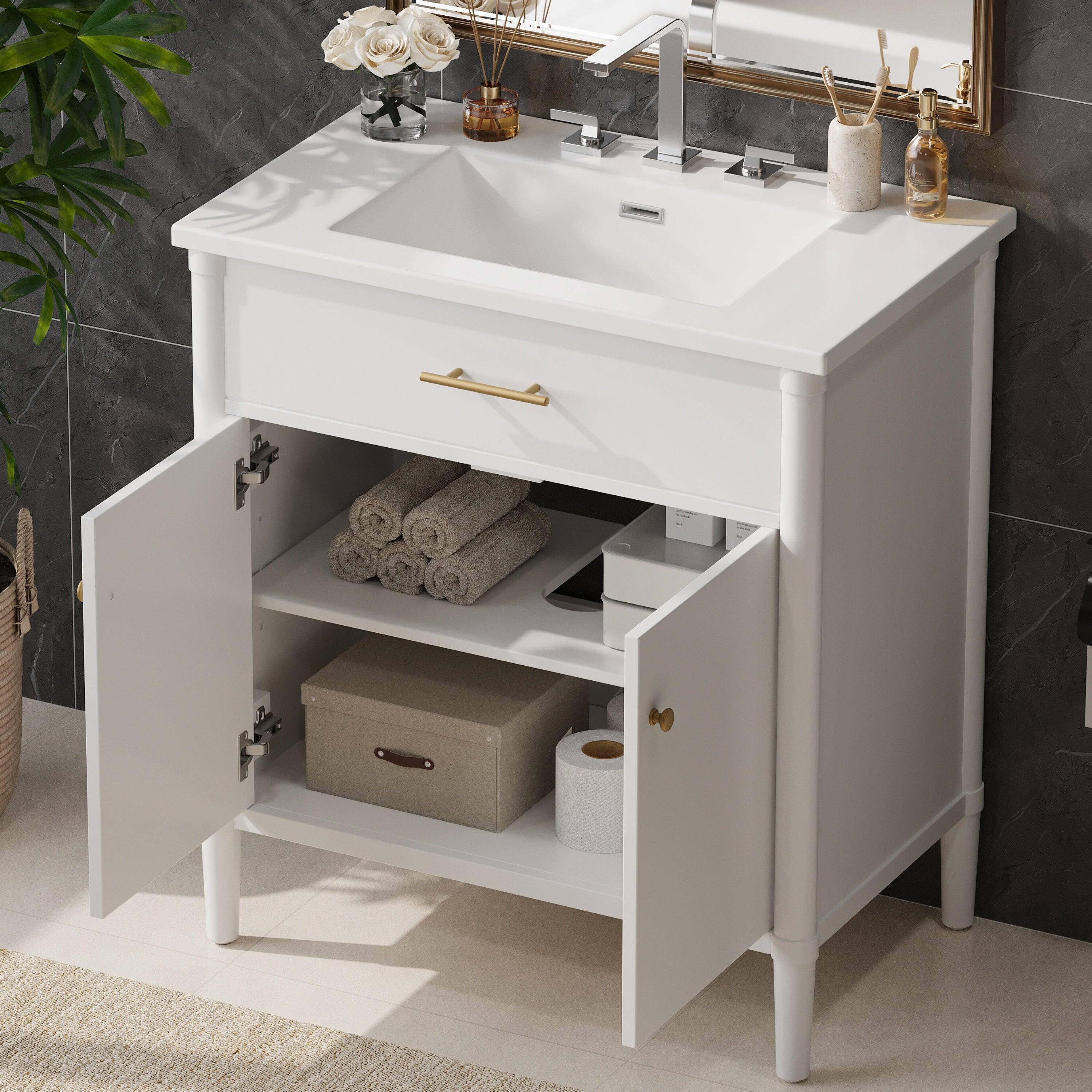 Alt View 5. Boyel Living - 31 Inch Bathroom Vanity with Sink Soft Close Doors Adjustable Shelf Curved Design Rubber Wood Legs White - White.