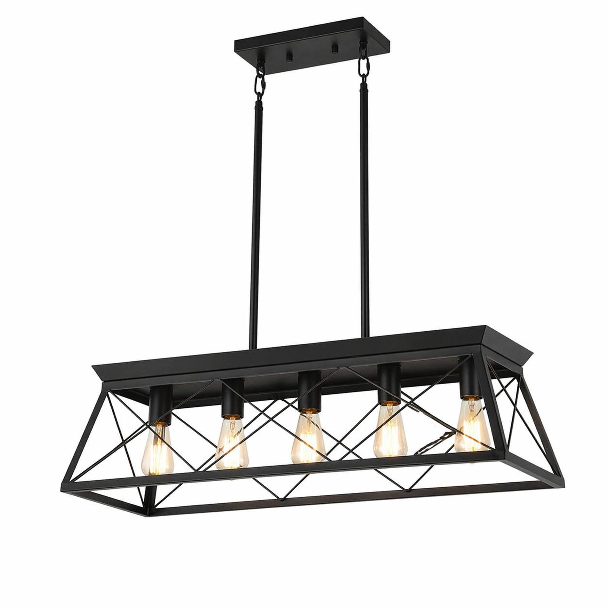 Alt View 4. RYHNUYNE - 32 in. Black Industrial 5-Light Pendant Chandelier, Kitchen Island Lighting for Dining Room - Black.