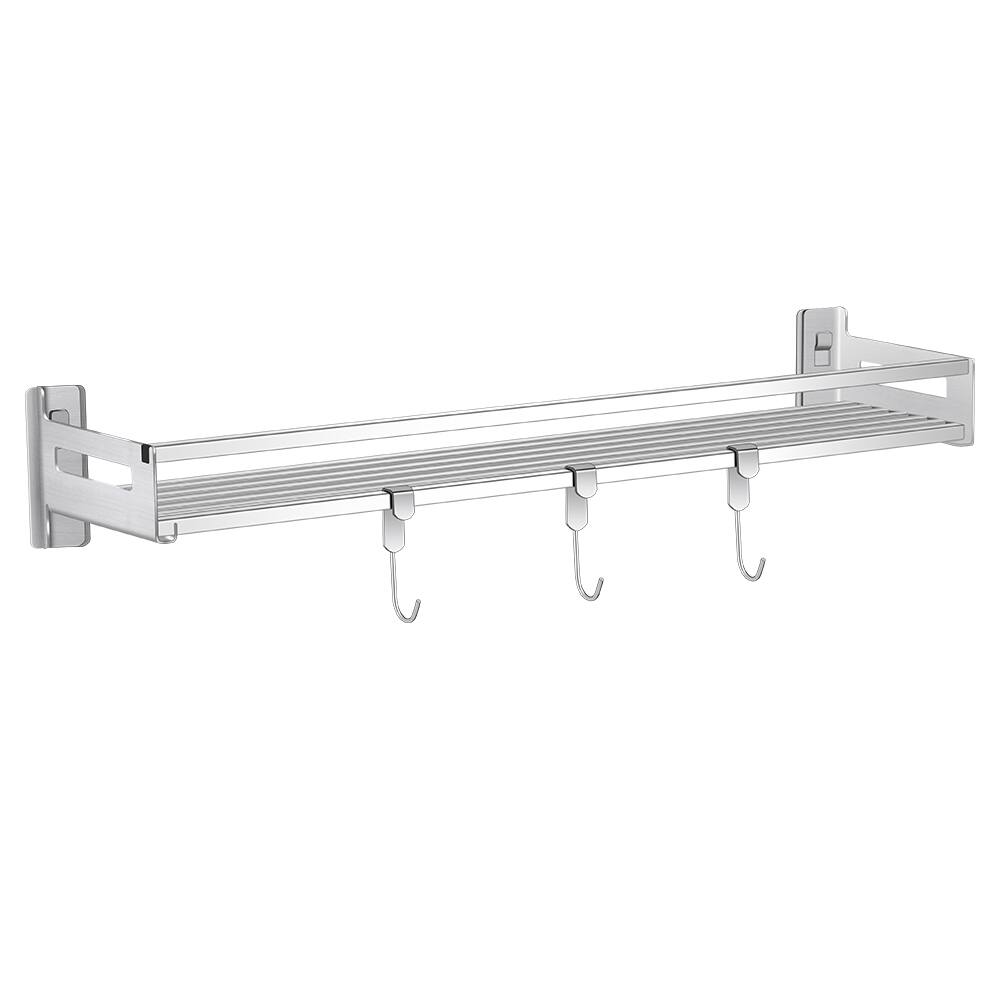 Angle. Oumilen - 23.5 Inch Wall Mount Shelf, 304 Stainless Steel Shower Organizer with 3 Removable Hooks for Bathroom Kitchen - Silver.