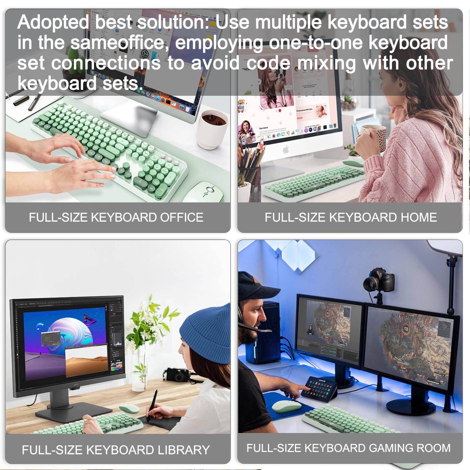 Adopted best solution: Use multiple keyboard sets in the same office, employing one-to-one keyboard set connections to avoid code mixing with other keyboard sets.

FULL-SIZE KEYBOARD OFFICE

FULL-SIZE KEYBOARD HOME

FULL-SIZE KEYBOARD LIBRARY

FULL-SIZE KEYBOARD GAMING ROOM