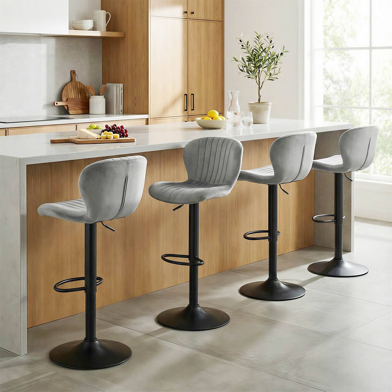 Alt View 4. Costway - Costway Bar Stools Set of 2 with Velvet Upholstered Backrests Padded Seats Metal Footrests - Gray + Black.