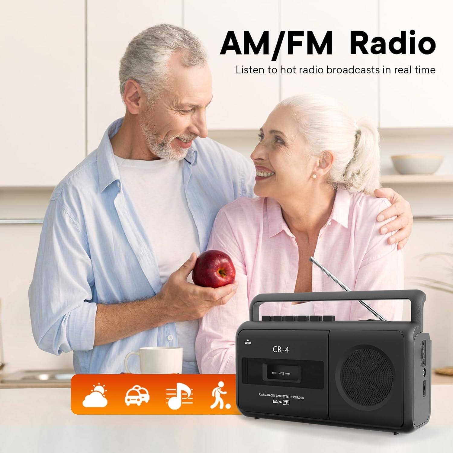 AM/FM Radio  
Listen to hot radio broadcasts in real time  

CR-4  
AM/FM Radio Cassette Recorder  
USB
