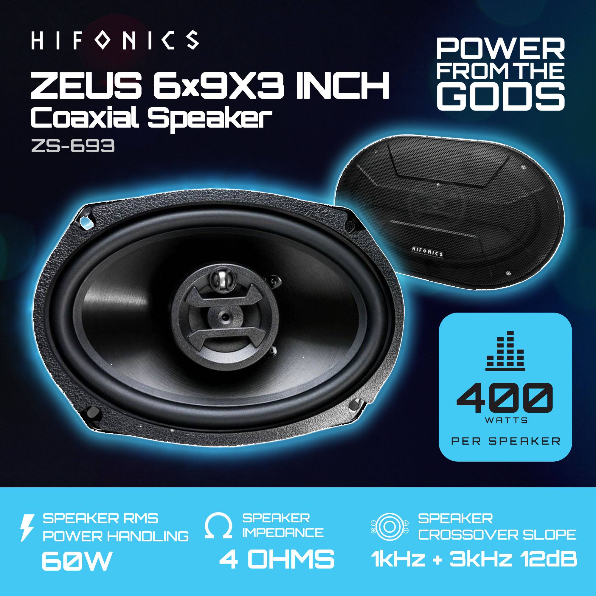 HIFONICS  
ZEUS 6x9X3 INCH Coaxial Speaker  
ZS-693  

POWER FROM THE GODS  

400 WATTS PER SPEAKER  

SPEAKER RMS POWER HANDLING: 60W  
SPEAKER IMPEDANCE: 4 OHMS  
SPEAKER CROSSOVER SLOPE: 1kHz + 3kHz 12dB