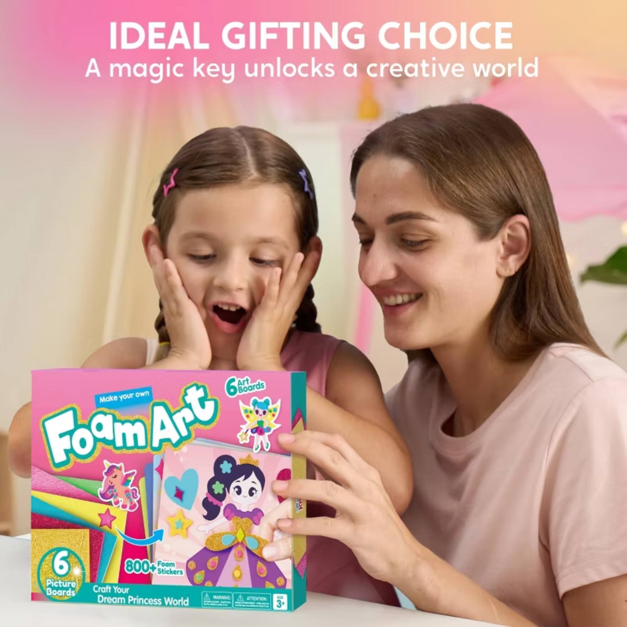 IDEAL GIFTING CHOICE  
A magic key unlocks a creative world  

6 Art Boards  
Your Own Make Foam Art  
6 Picture Boards  
800 Foam Stickers  
Craft Your Dream Princess World  

SUPERC ATTENTION
