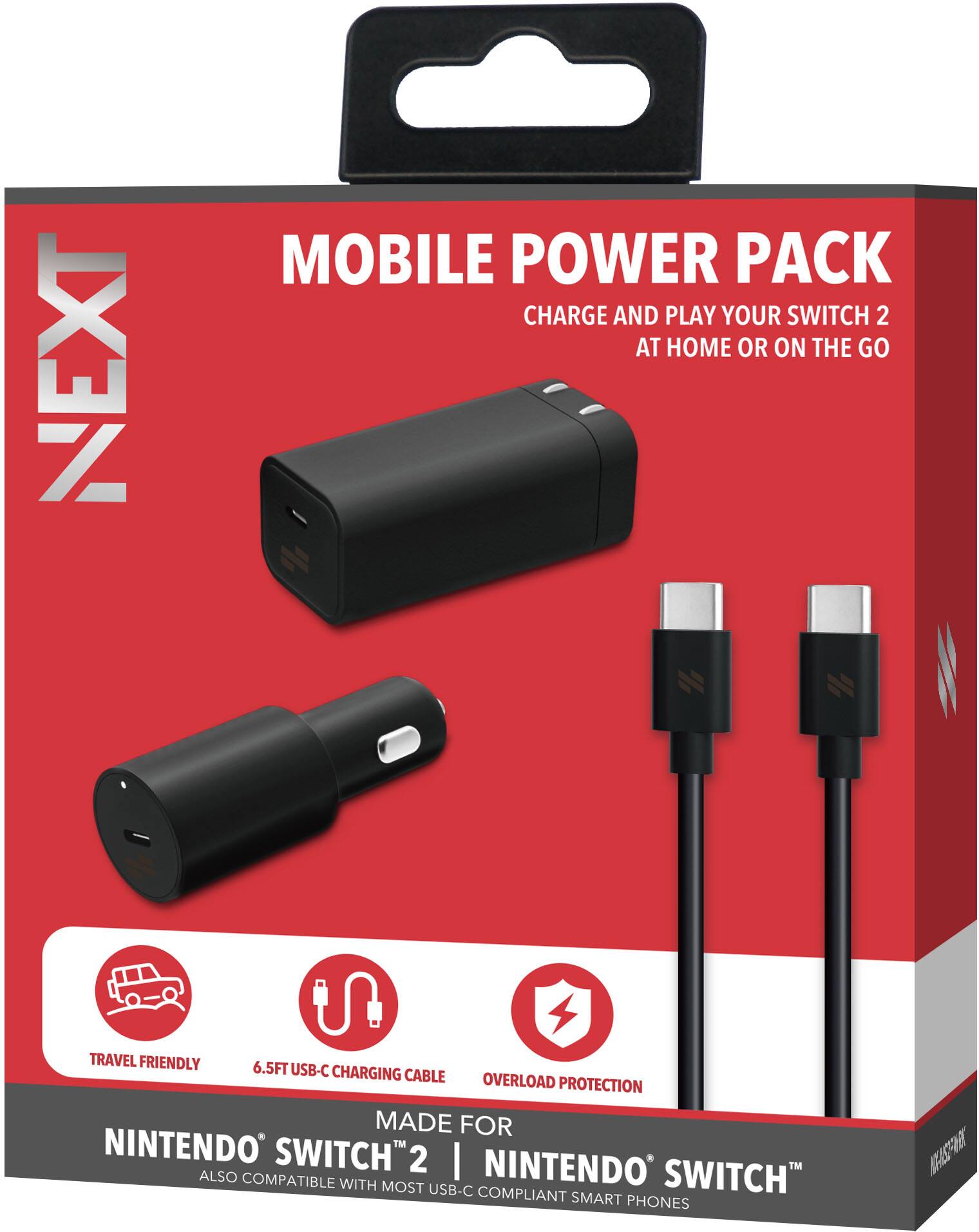 NEXT MOBILE POWER PACK  
CHARGE AND PLAY YOUR SWITCH 2 AT HOME OR ON THE GO  

TRAVEL FRIENDLY  
6.5FT USB-C CHARGING CABLE  
OVERLOAD PROTECTION  

MADE FOR NINTENDO SWITCH 2  
ALSO COMPATIBLE WITH MOST NINTENDO SWITCH USB-C COMPLIANT SMART PHONES