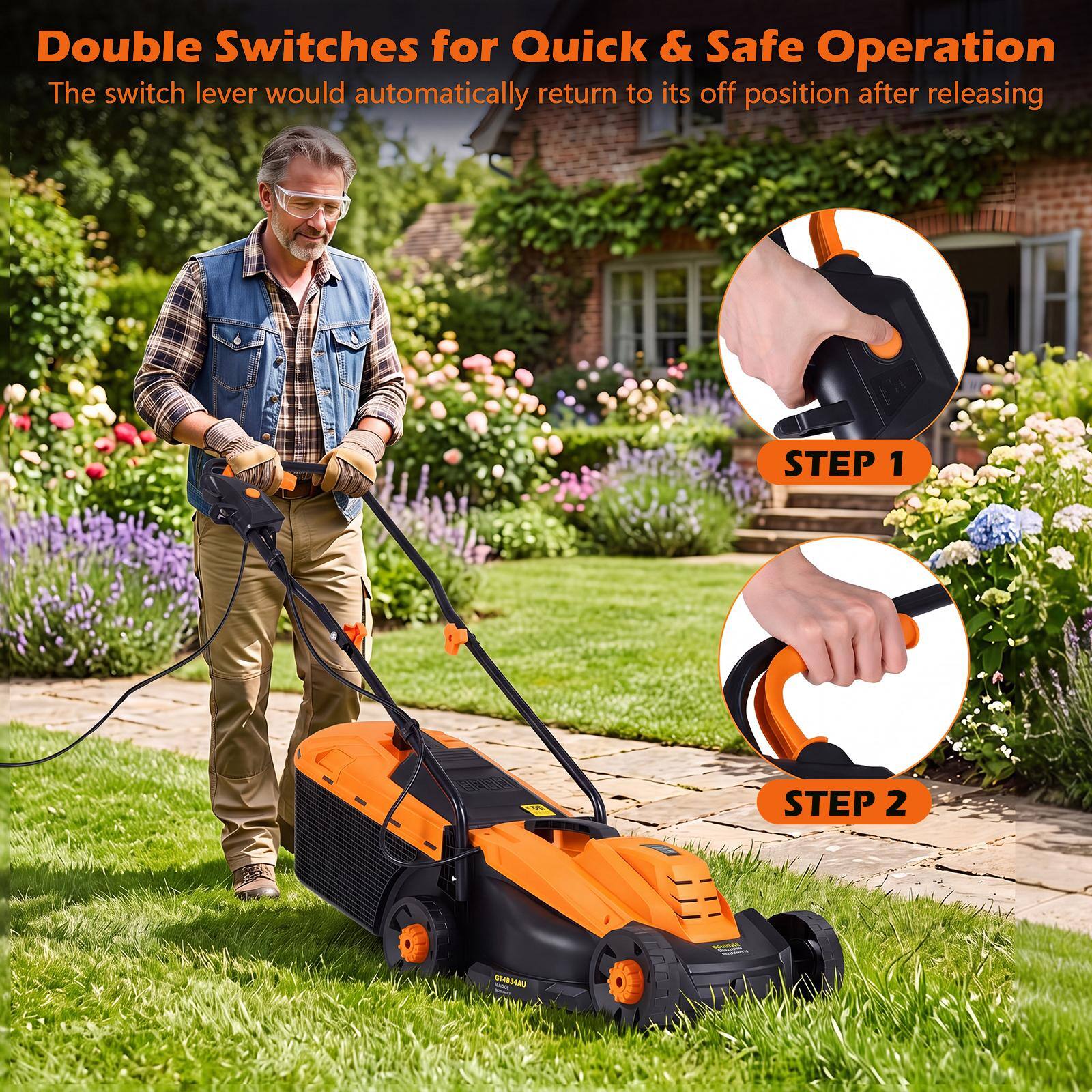Double Switches for Quick & Safe Operation  
The switch lever would automatically return to its off position after releasing  

STEP 1  
STEP 2