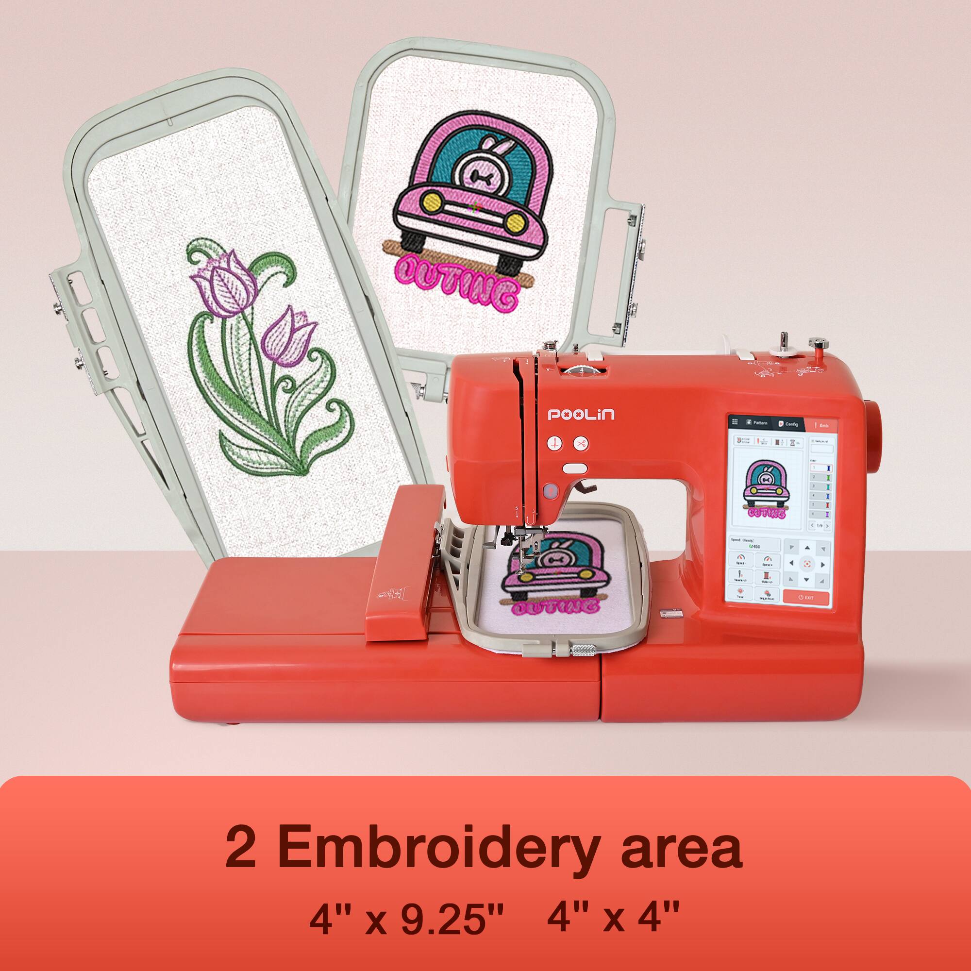 OUTING  
POOLIN  

2 Embroidery area  
4" x 9.25"  
4" x 4"