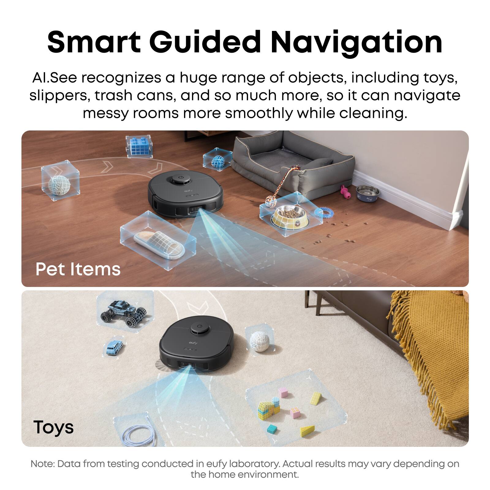 Smart Guided Navigation

AI.See recognizes a huge range of objects, including toys, slippers, trash cans, and so much more, so it can navigate messy rooms more smoothly while cleaning.

Pet Items

Toys

Note: Data from testing conducted in eufy laboratory. Actual results may vary depending on the home environment.