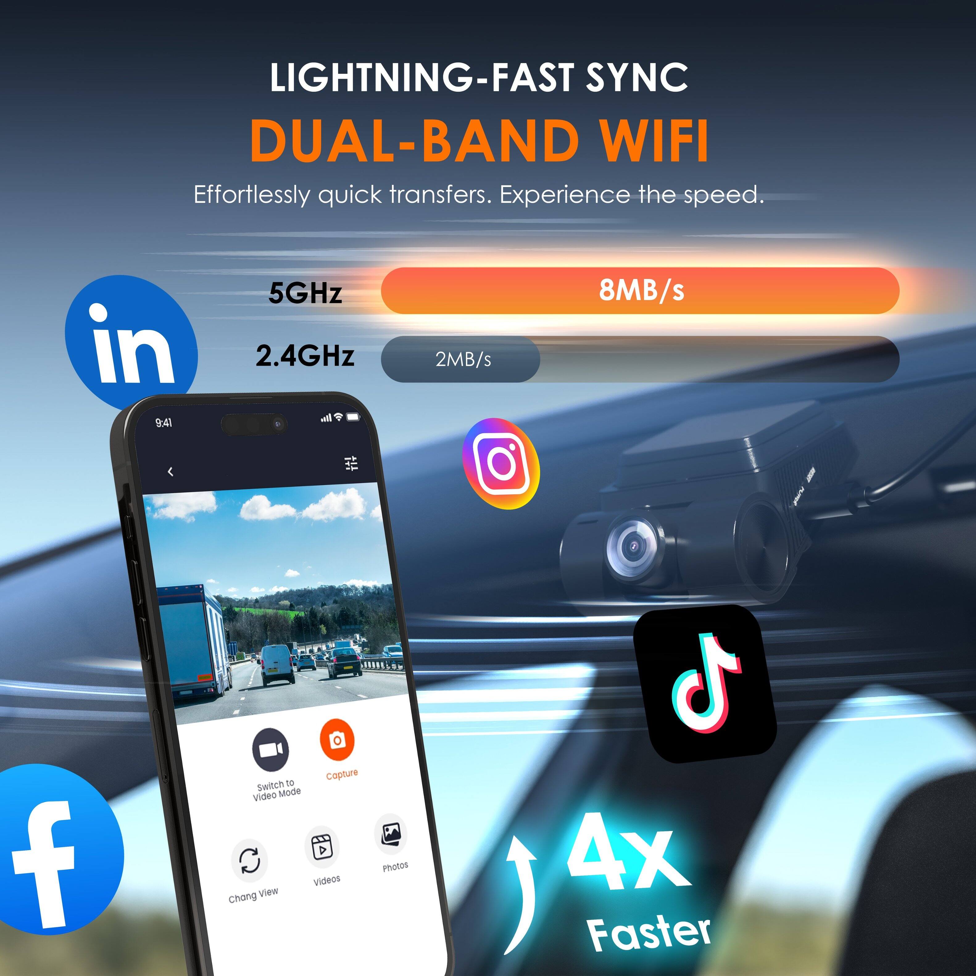 LIGHTNING-FAST SYNC DUAL-BAND WIFI: Effortlessly quick transfers. Experience the speed. 5GHz 2.4GHz d 2MB/s 8MB/s 11LN f Copture Switch 13 video Mode P G Videos View Chong Photos 4x Faster.