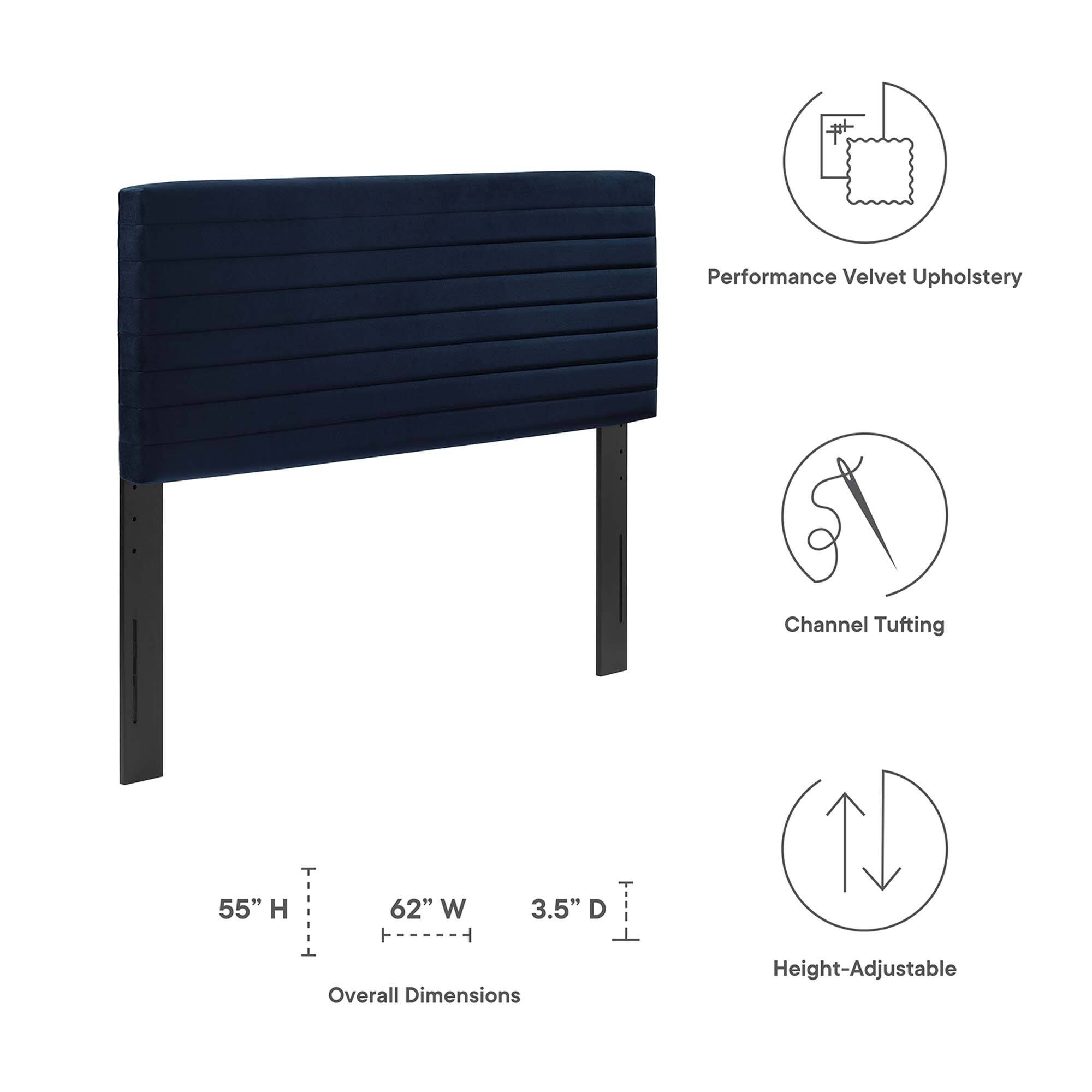 Performance Velvet Upholstery  
Channel Tufting  
Height-Adjustable  

Overall Dimensions:  
55" H x 62" W x 3.5" D